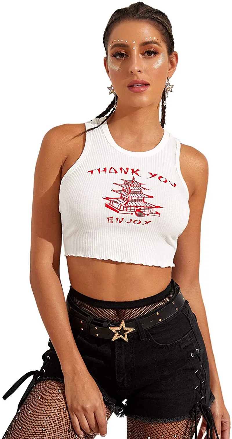 MakeMeChic Women's Casual Lettuce Trim Sleeveless Solid Tank Crop Top