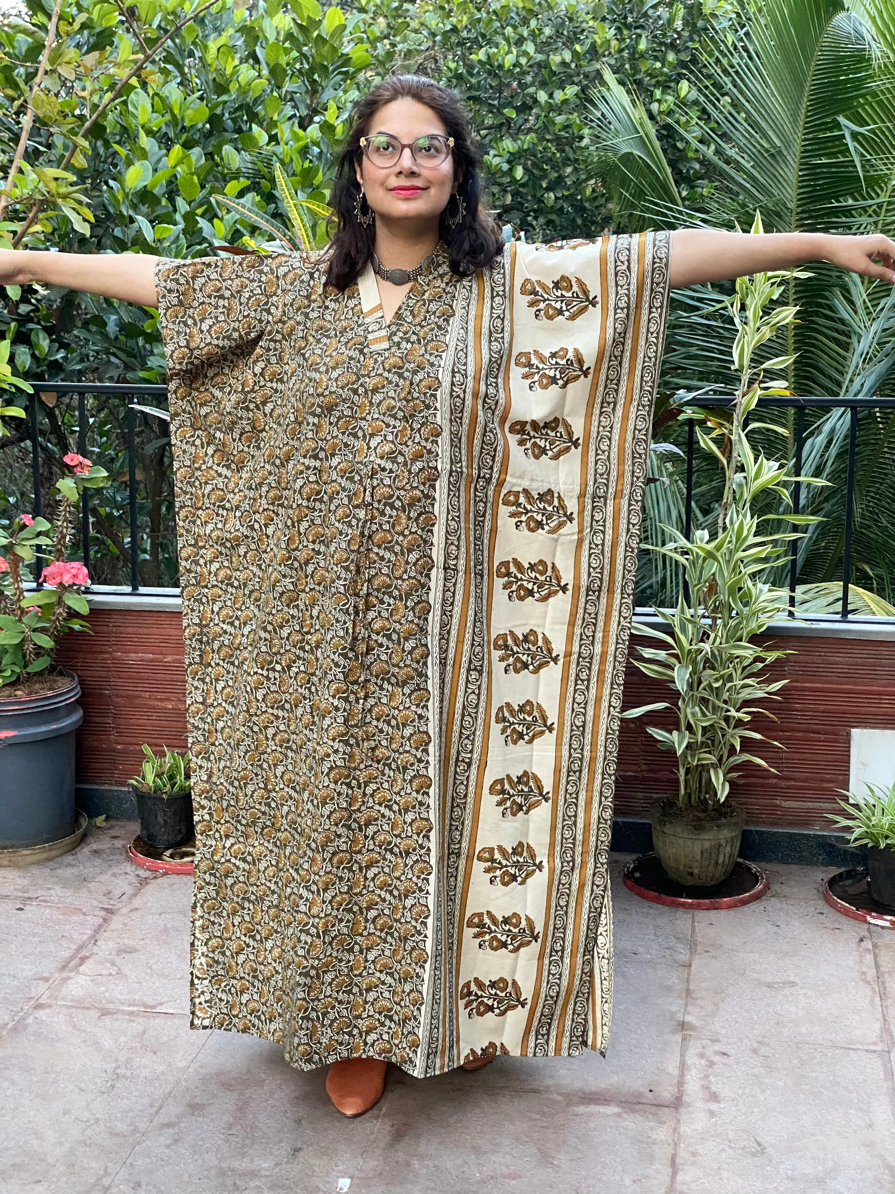 Olive Green Bordered Hand Block Printed Caftan with V-Neck, Cinched Waist and Available in both Knee and Ankle Length