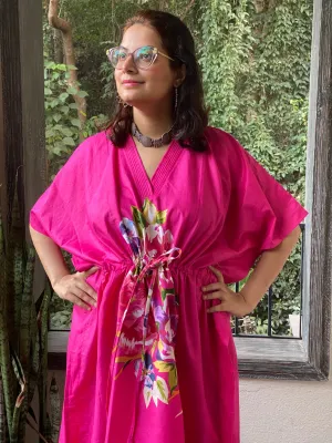 One Long Flower V-Neck, Knee Length, Cinched Waist Kaftan