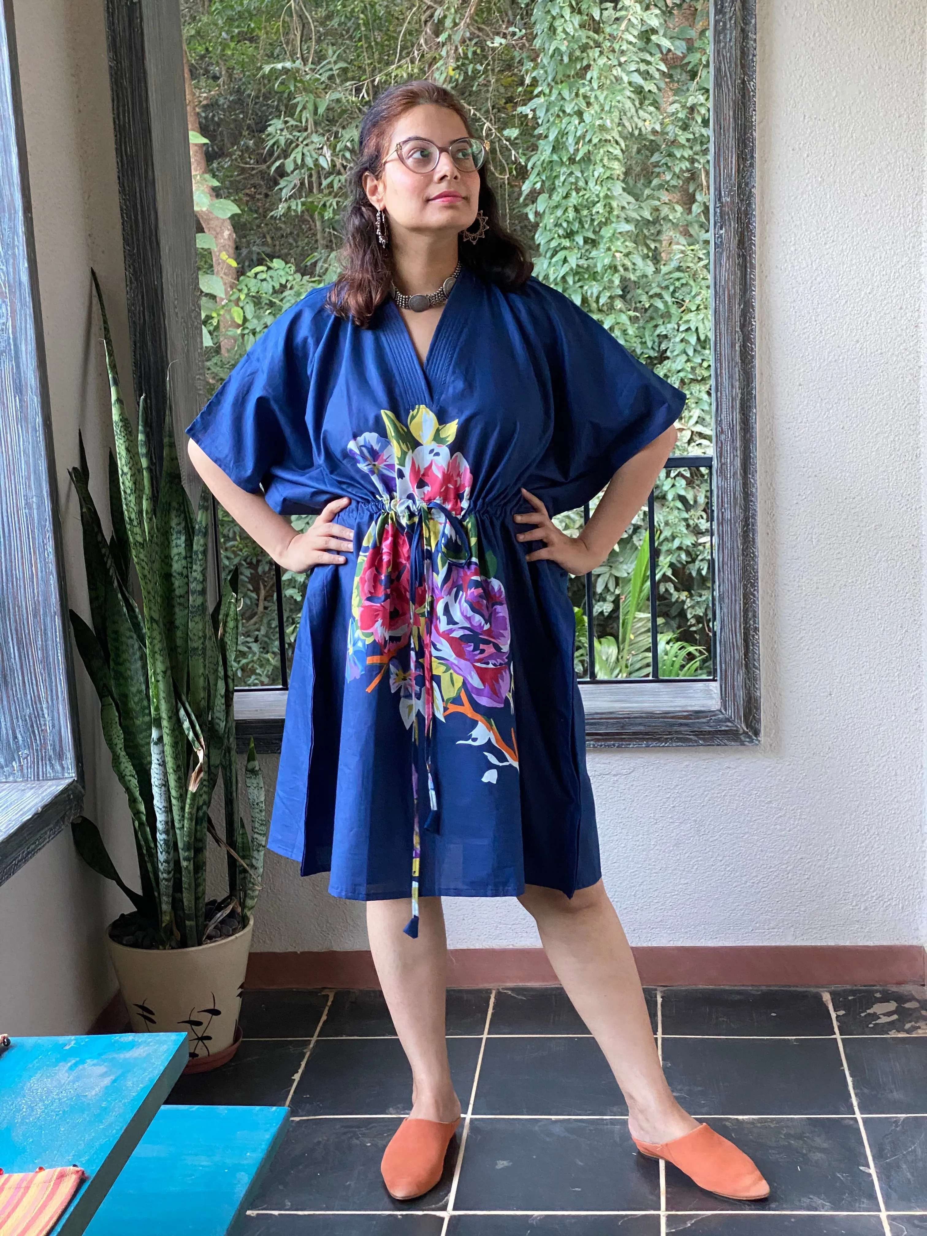 One Long Flower V-Neck, Knee Length, Cinched Waist Kaftan