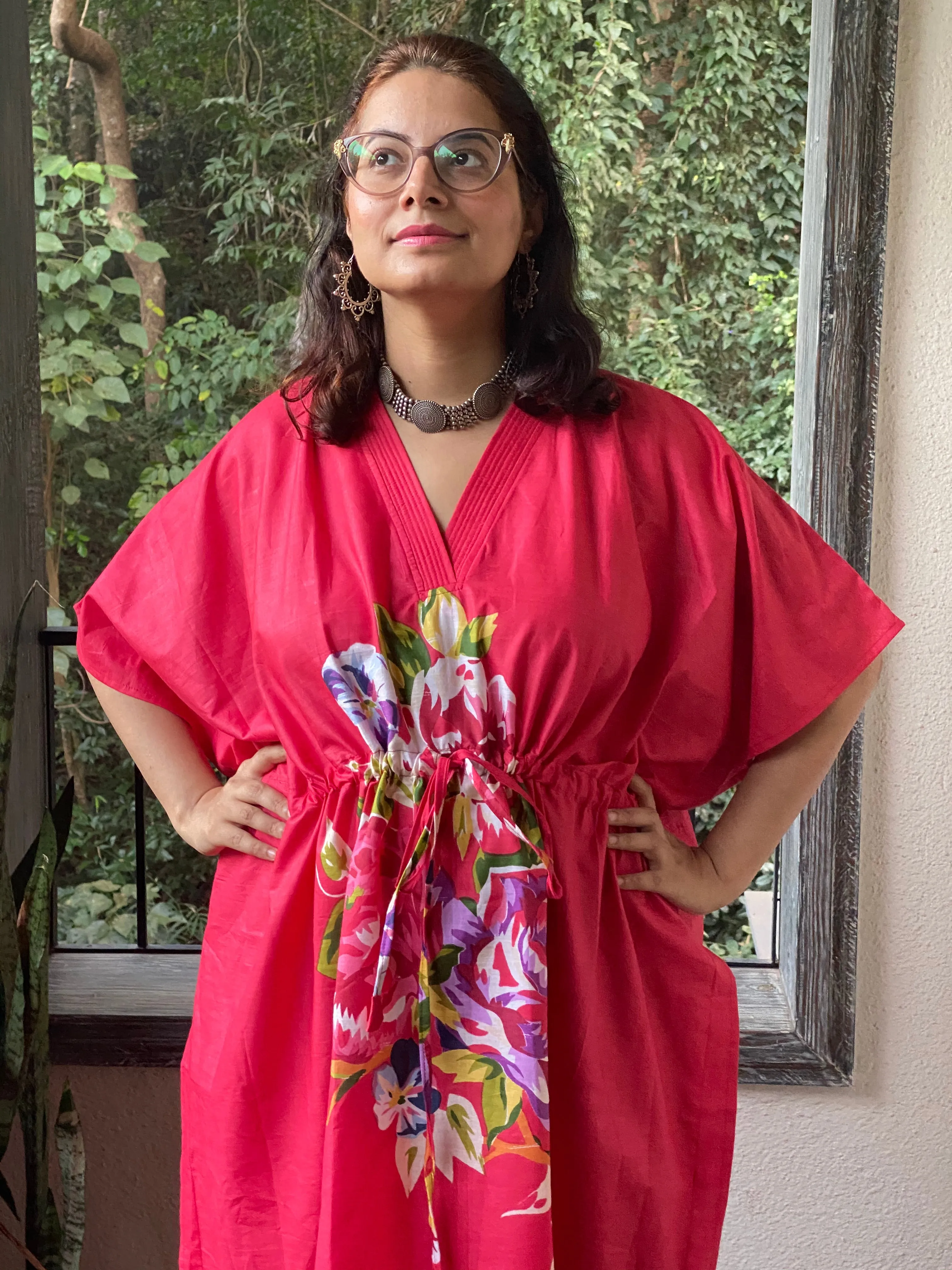 One Long Flower V-Neck, Knee Length, Cinched Waist Kaftan