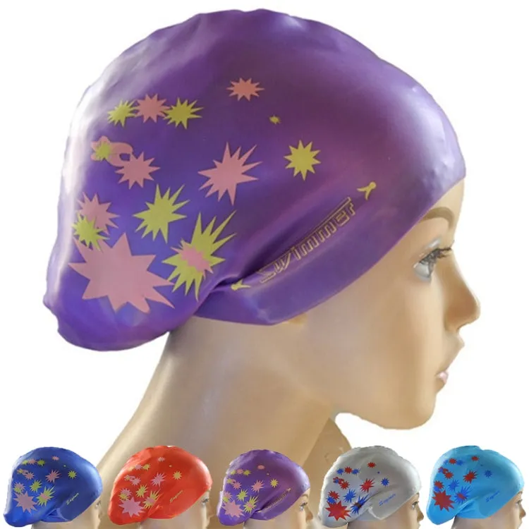 Printed Silicone Swimming Cap Waterproof Swimming Cap for Long Hair, Size:One Size(Navy Blue)