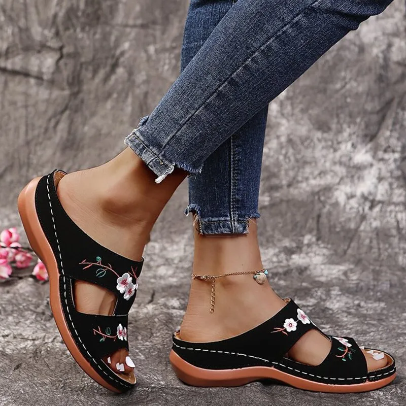 Purpdrank - Sandals Comfortable Platform Soft Women Casual Slippers Embroider Flower Colorful Ethnic Flat Open Toe Outdoor Beach Shoes