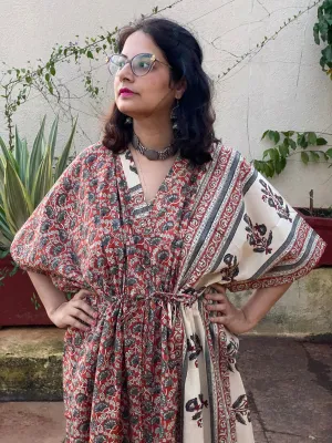 Red Floral Bordered Hand Block Printed Caftan with V-Neck, Cinched Waist and Available in both Knee and Ankle Length