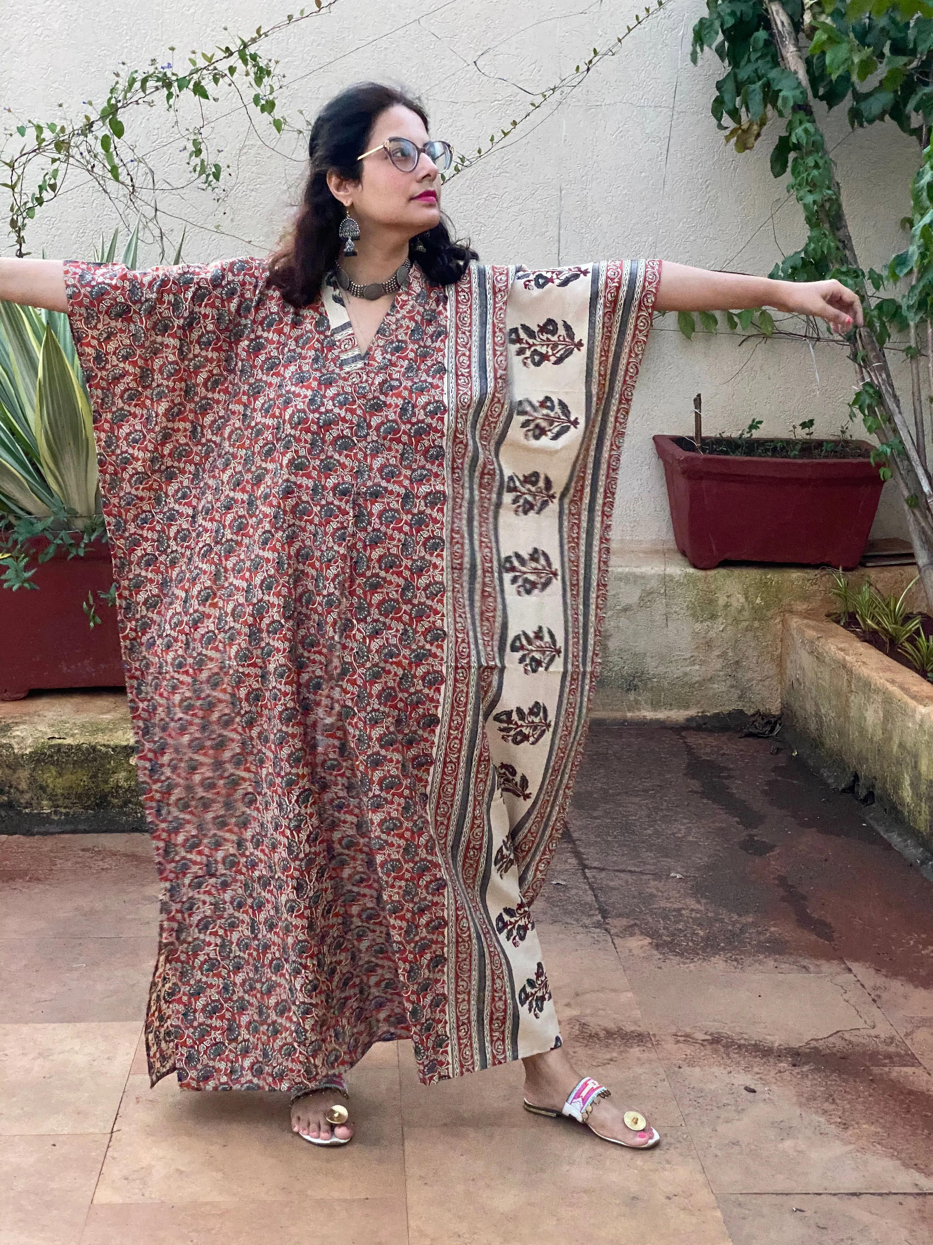 Red Floral Bordered Hand Block Printed Caftan with V-Neck, Cinched Waist and Available in both Knee and Ankle Length