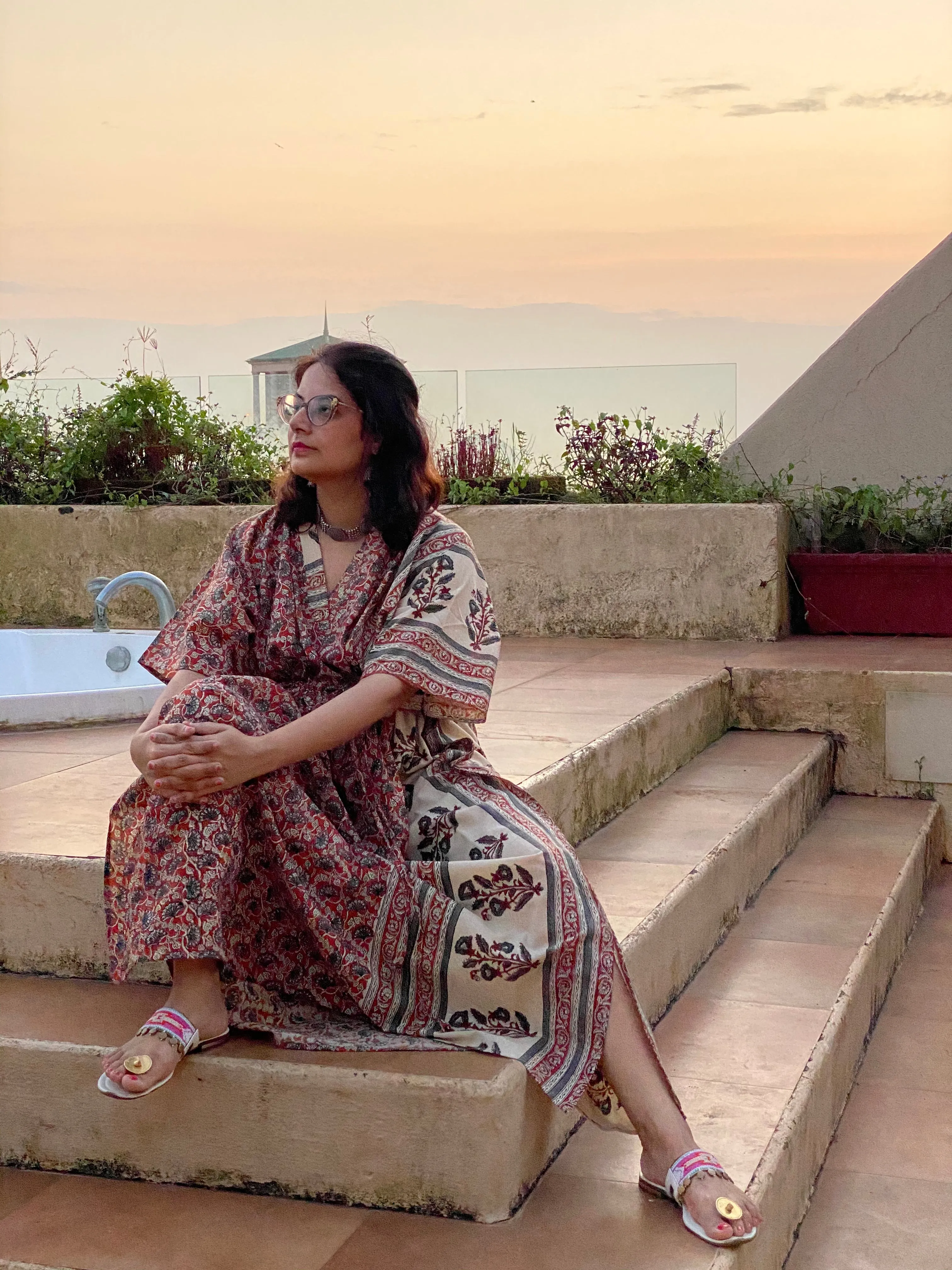 Red Floral Bordered Hand Block Printed Caftan with V-Neck, Cinched Waist and Available in both Knee and Ankle Length
