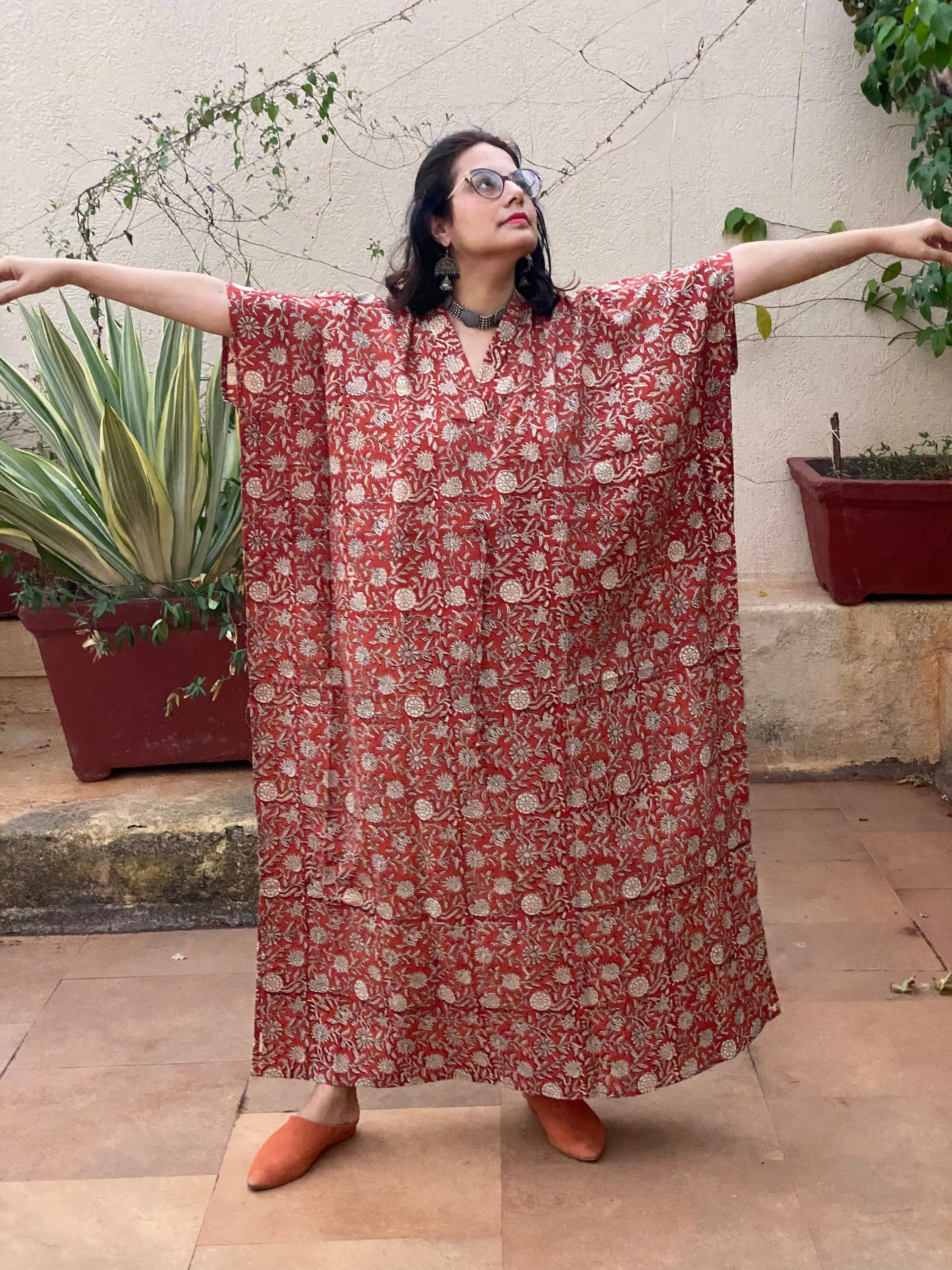 Red Floral Motif Hand-Blocked Caftan with V-Neck, Cinched Waist and Available in both Knee and Ankle Length