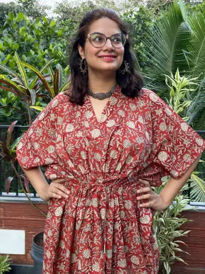Red Floral Motif Hand-Blocked Caftan with V-Neck, Cinched Waist and Available in both Knee and Ankle Length