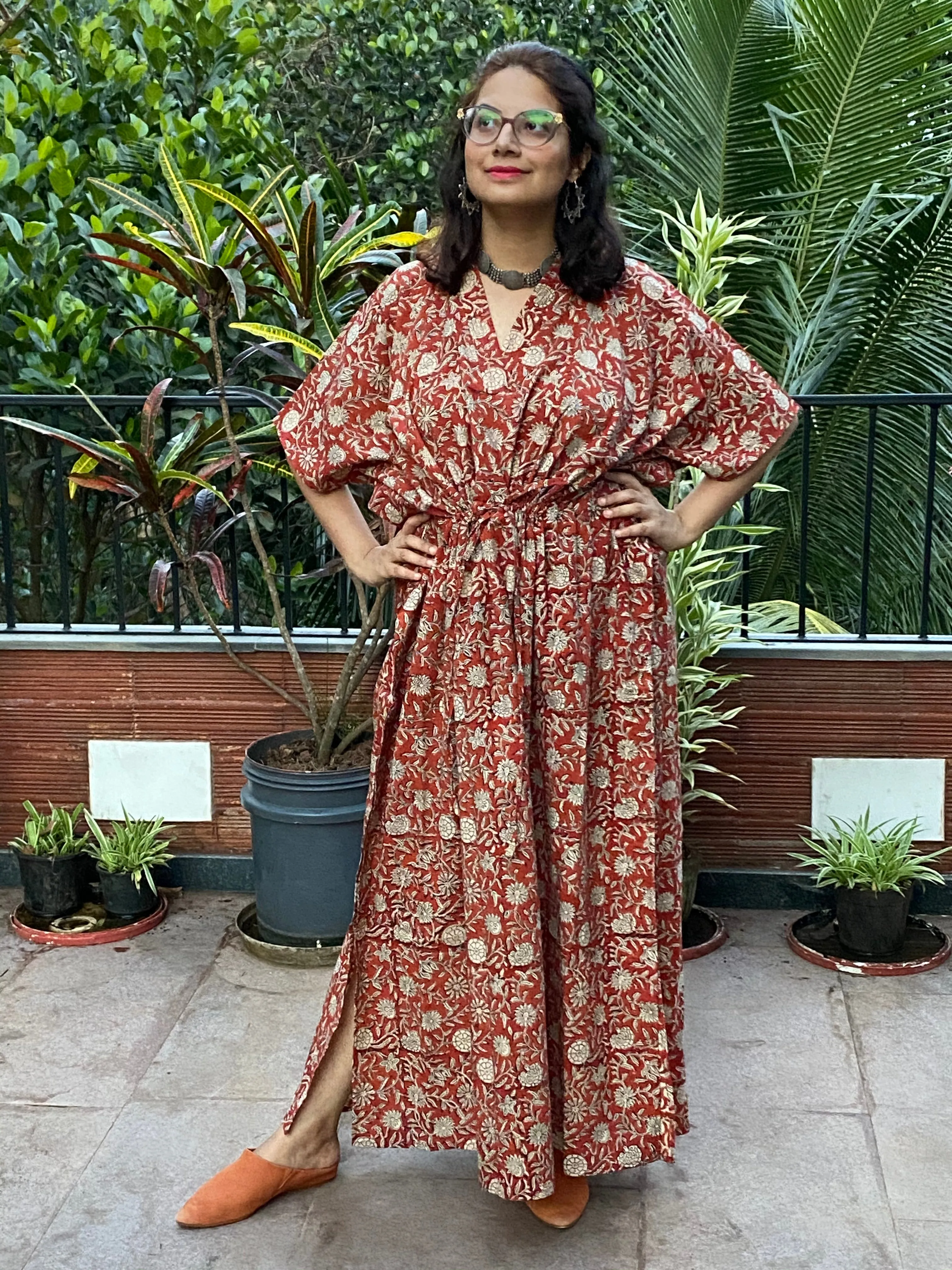 Red Floral Motif Hand-Blocked Caftan with V-Neck, Cinched Waist and Available in both Knee and Ankle Length