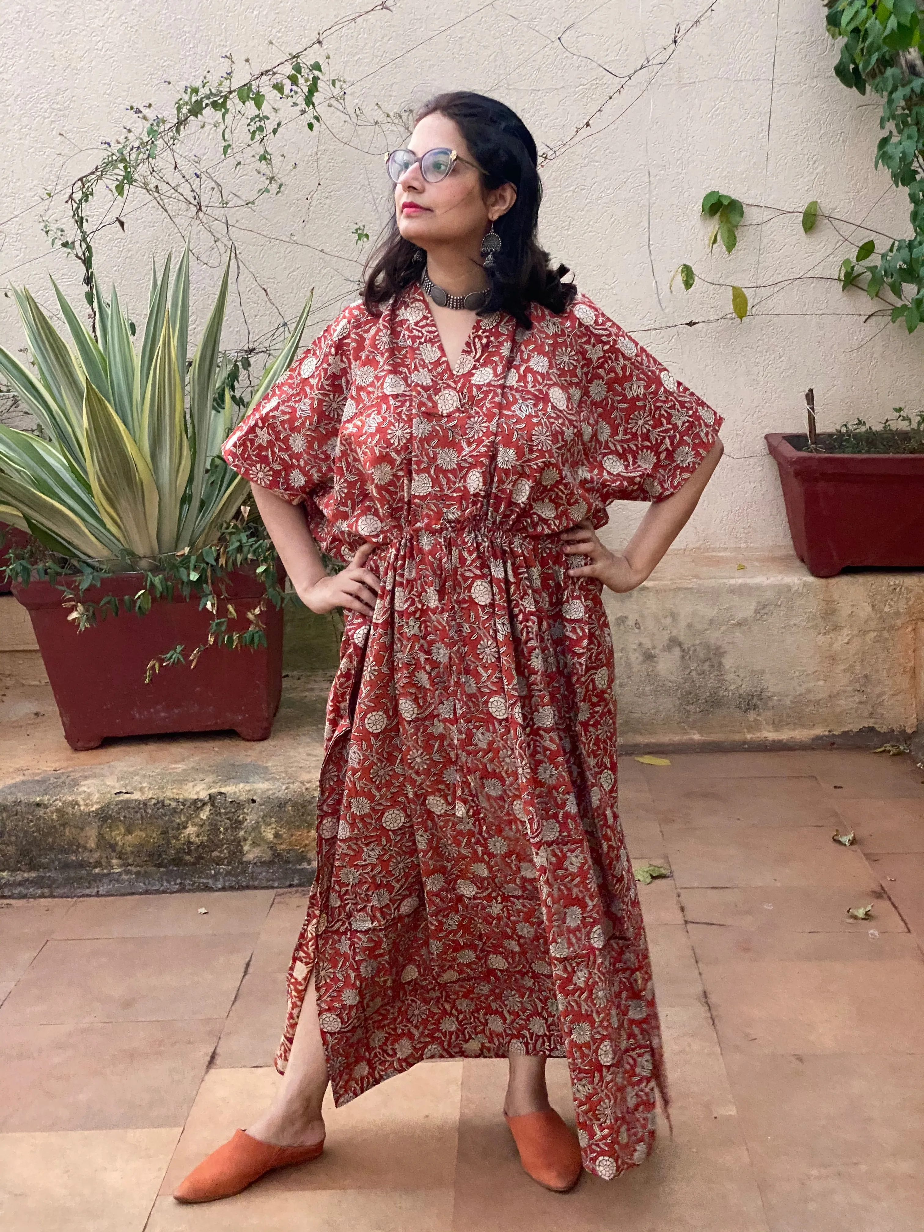 Red Floral Motif Hand-Blocked Caftan with V-Neck, Cinched Waist and Available in both Knee and Ankle Length