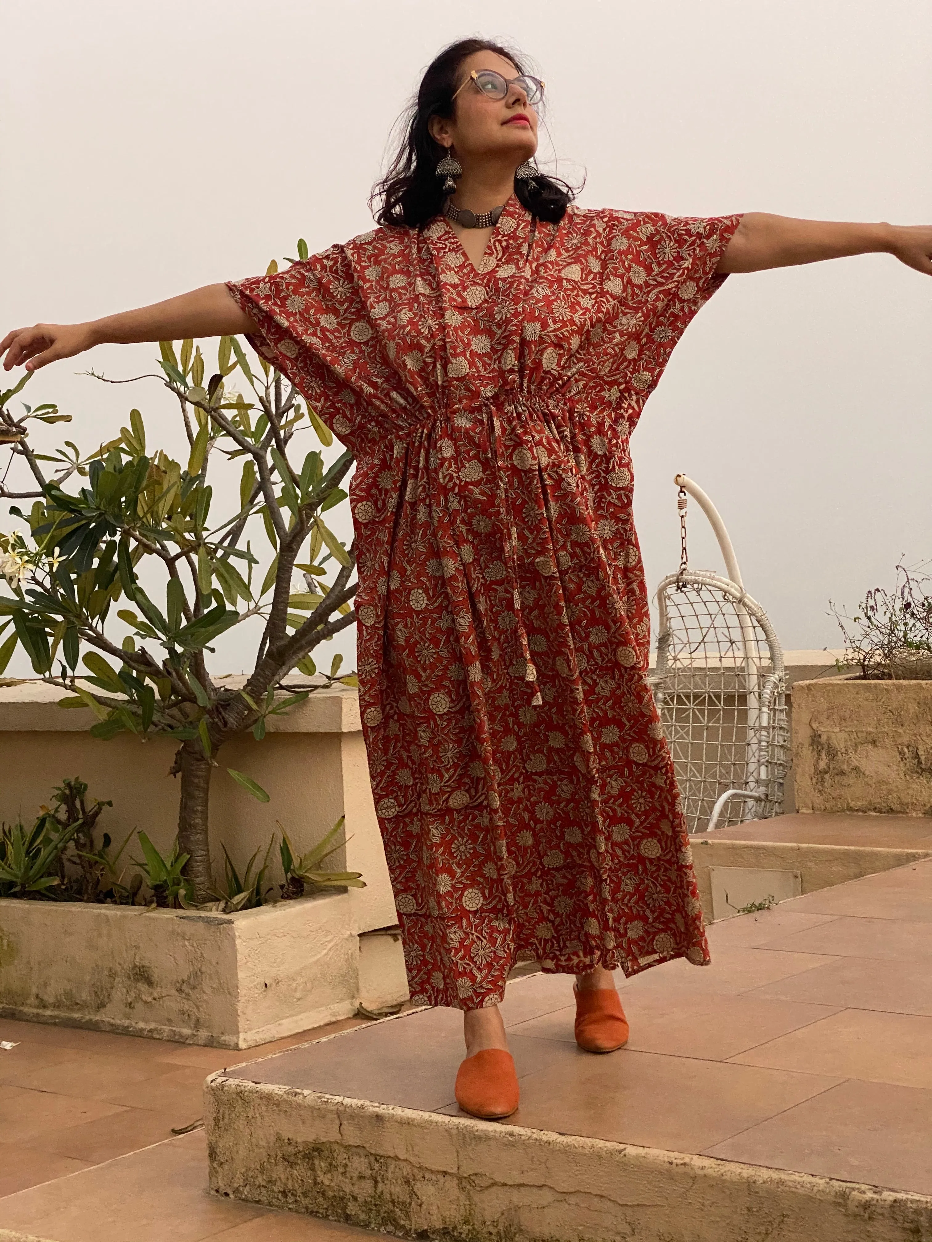 Red Floral Motif Hand-Blocked Caftan with V-Neck, Cinched Waist and Available in both Knee and Ankle Length