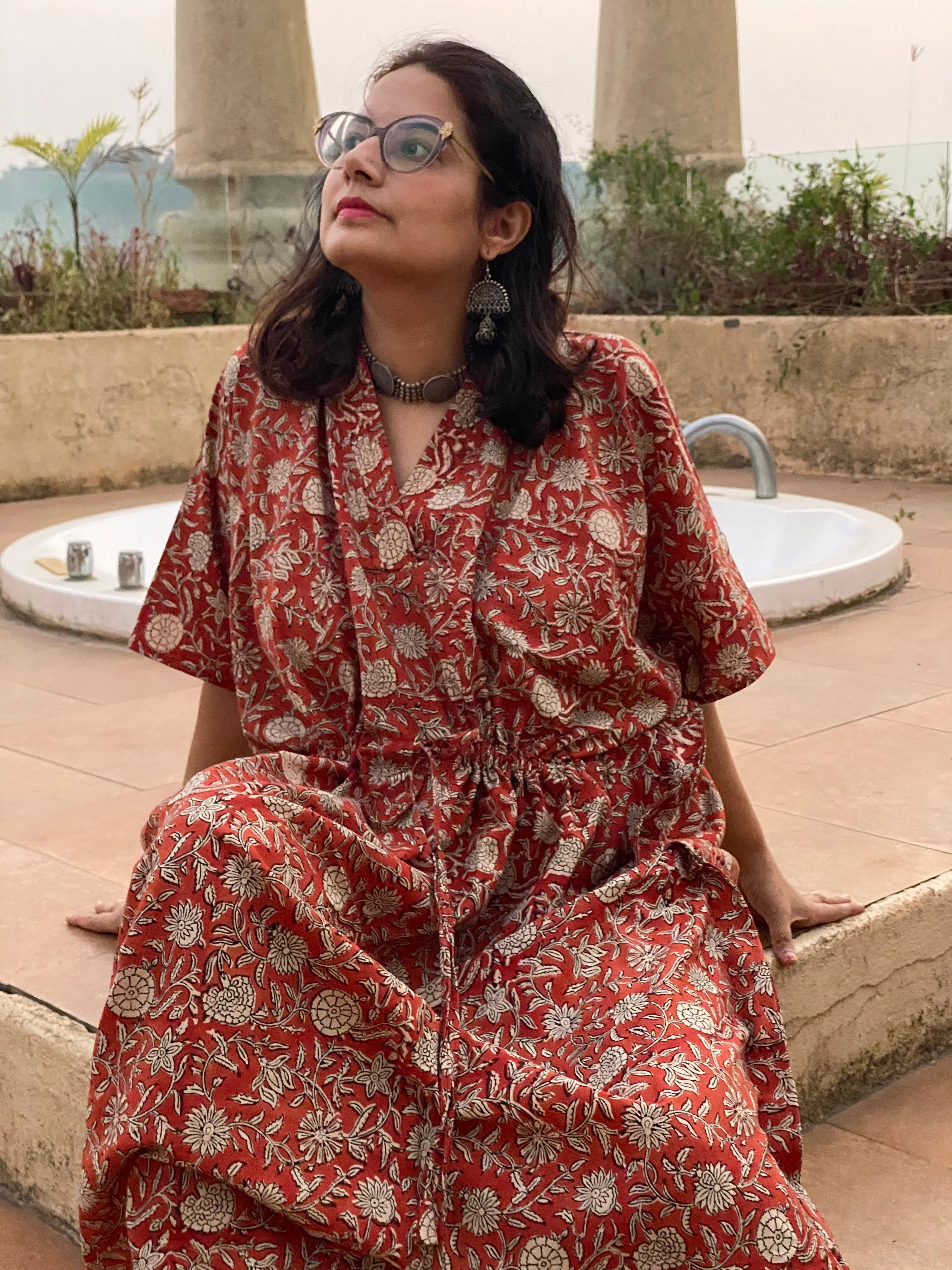Red Floral Motif Hand-Blocked Caftan with V-Neck, Cinched Waist and Available in both Knee and Ankle Length
