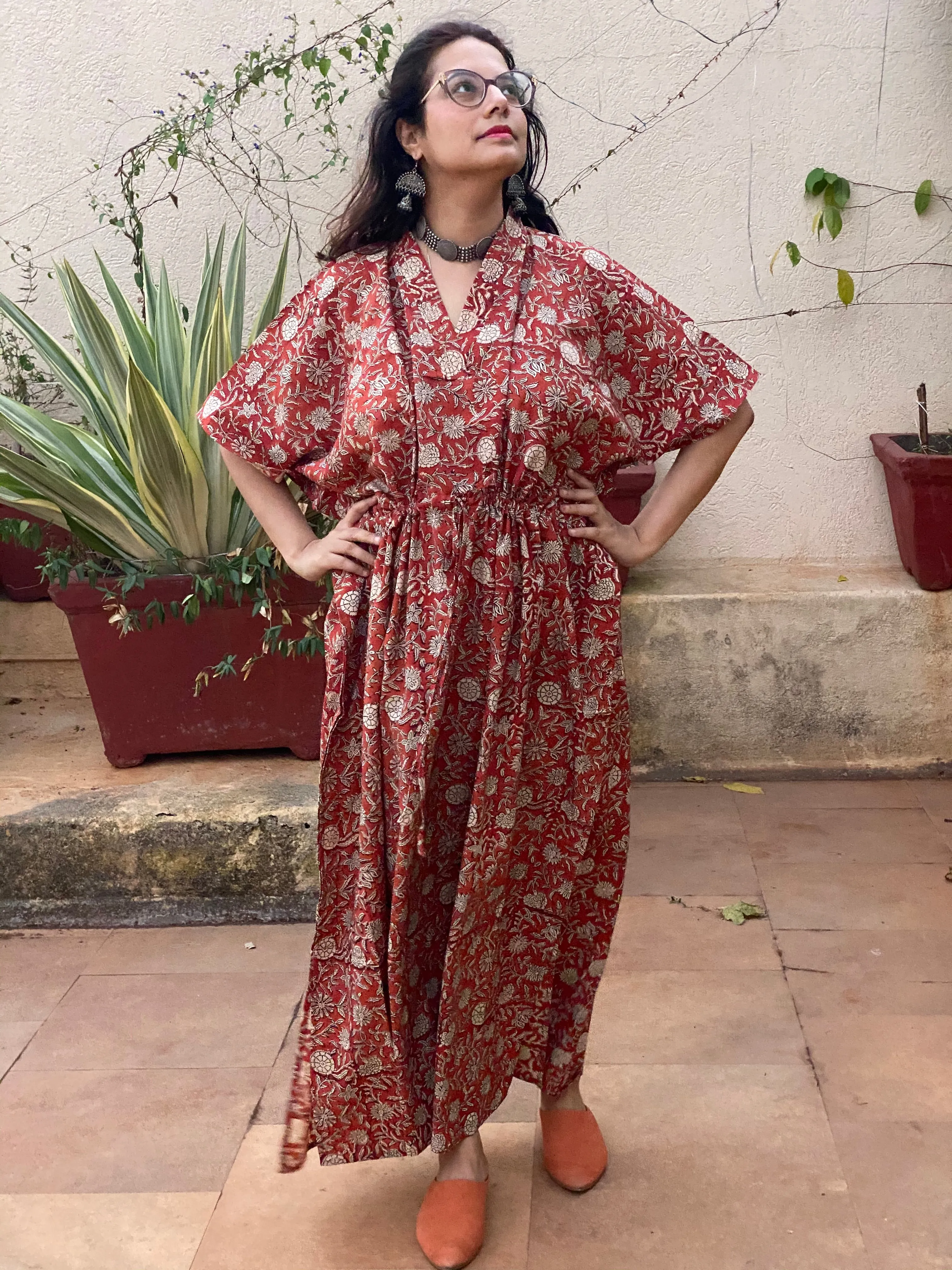 Red Floral Motif Hand-Blocked Caftan with V-Neck, Cinched Waist and Available in both Knee and Ankle Length