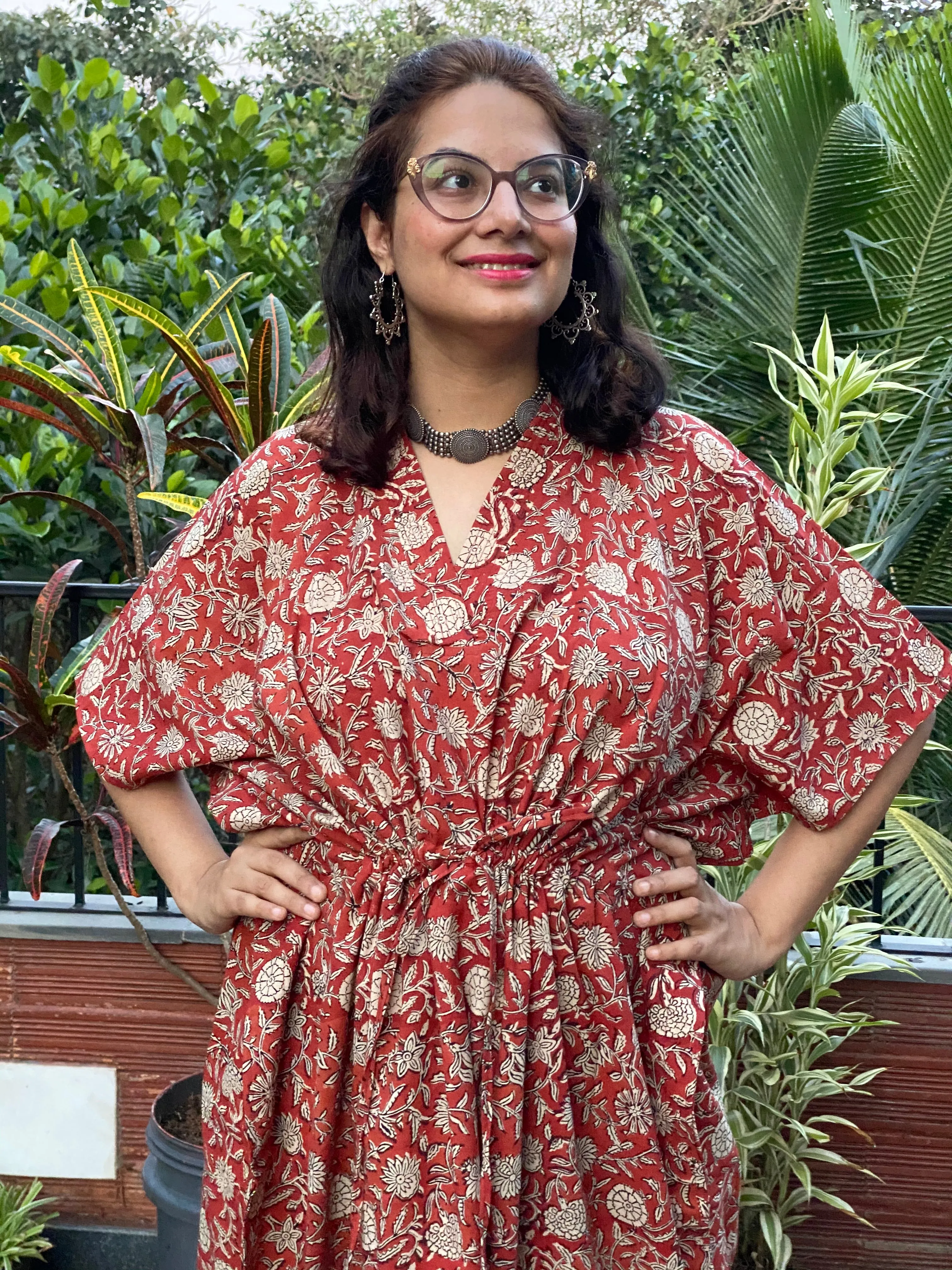 Red Floral Motif Hand-Blocked Caftan with V-Neck, Cinched Waist and Available in both Knee and Ankle Length