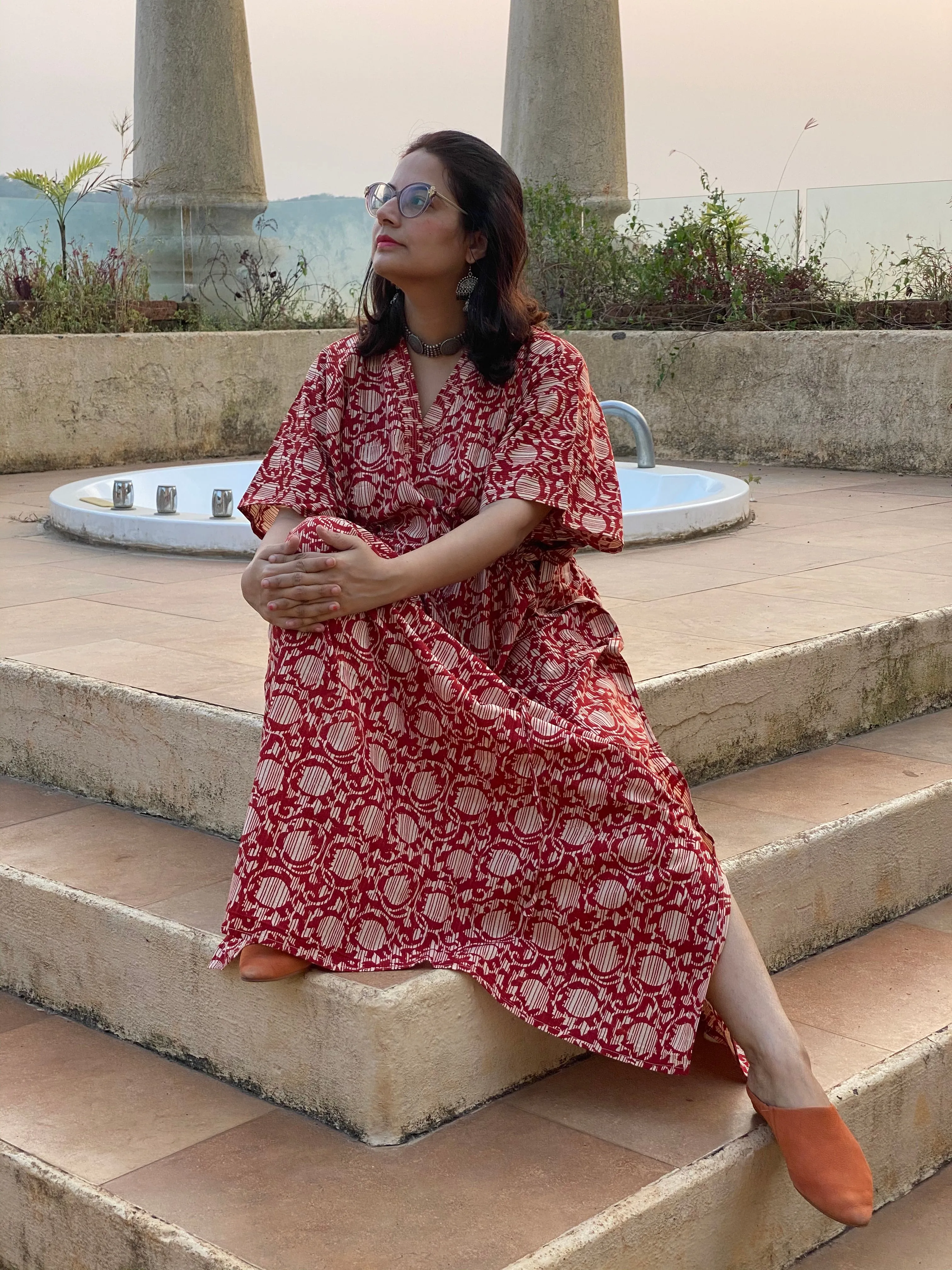 Red Lotus Motif Hand Block Printed Caftan with V-Neck, Cinched Waist and Available in both Knee and Ankle Length