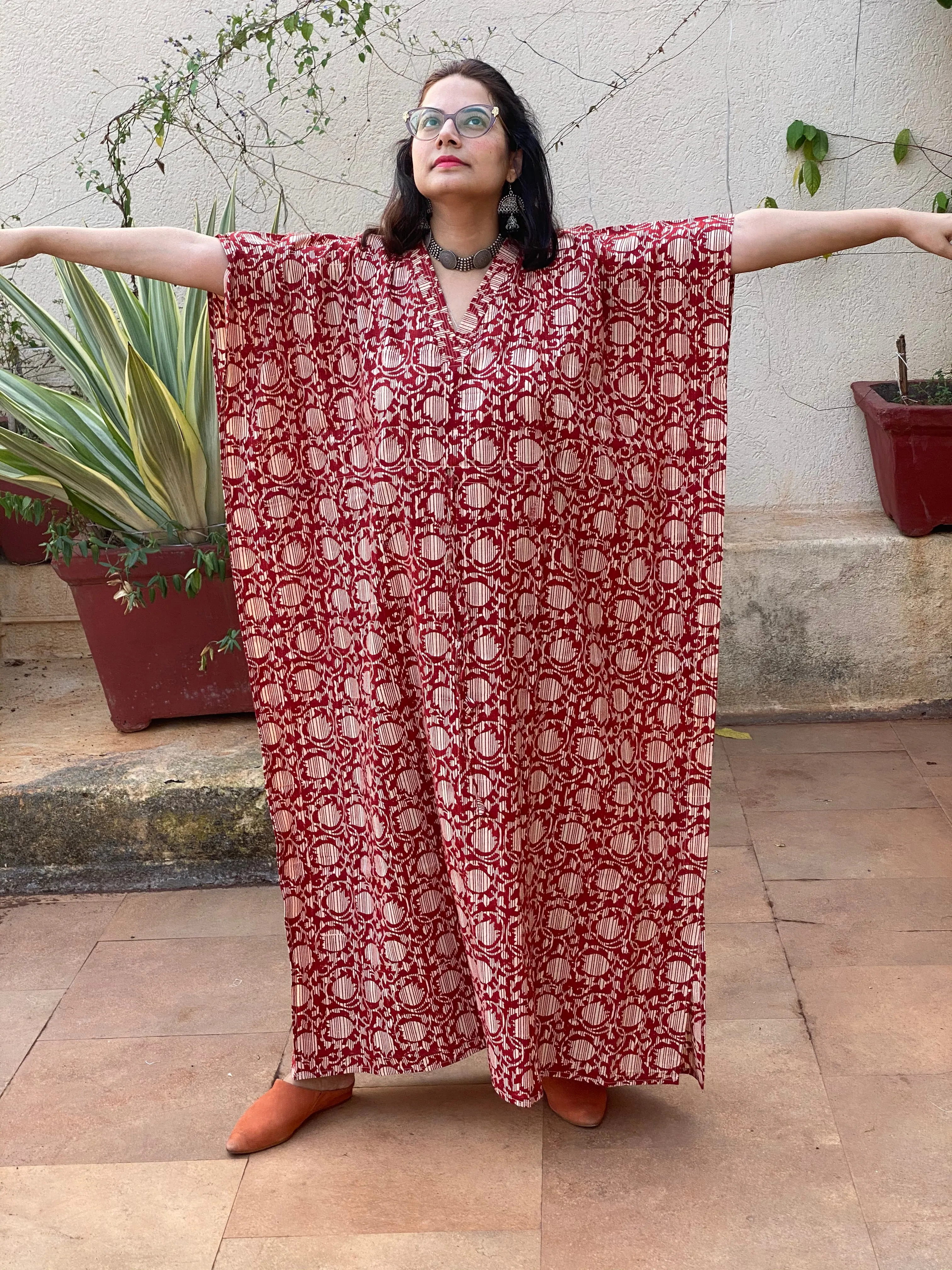 Red Lotus Motif Hand Block Printed Caftan with V-Neck, Cinched Waist and Available in both Knee and Ankle Length