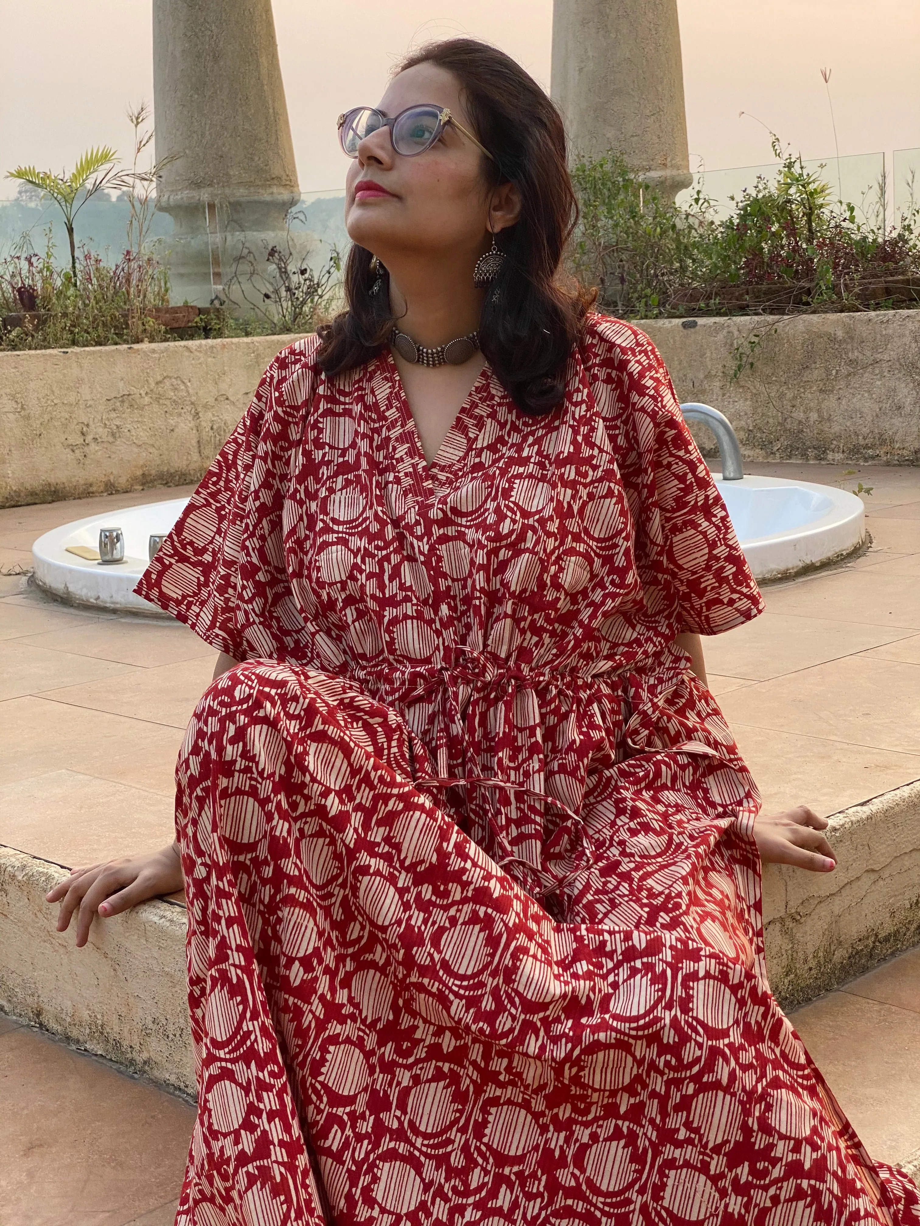 Red Lotus Motif Hand Block Printed Caftan with V-Neck, Cinched Waist and Available in both Knee and Ankle Length