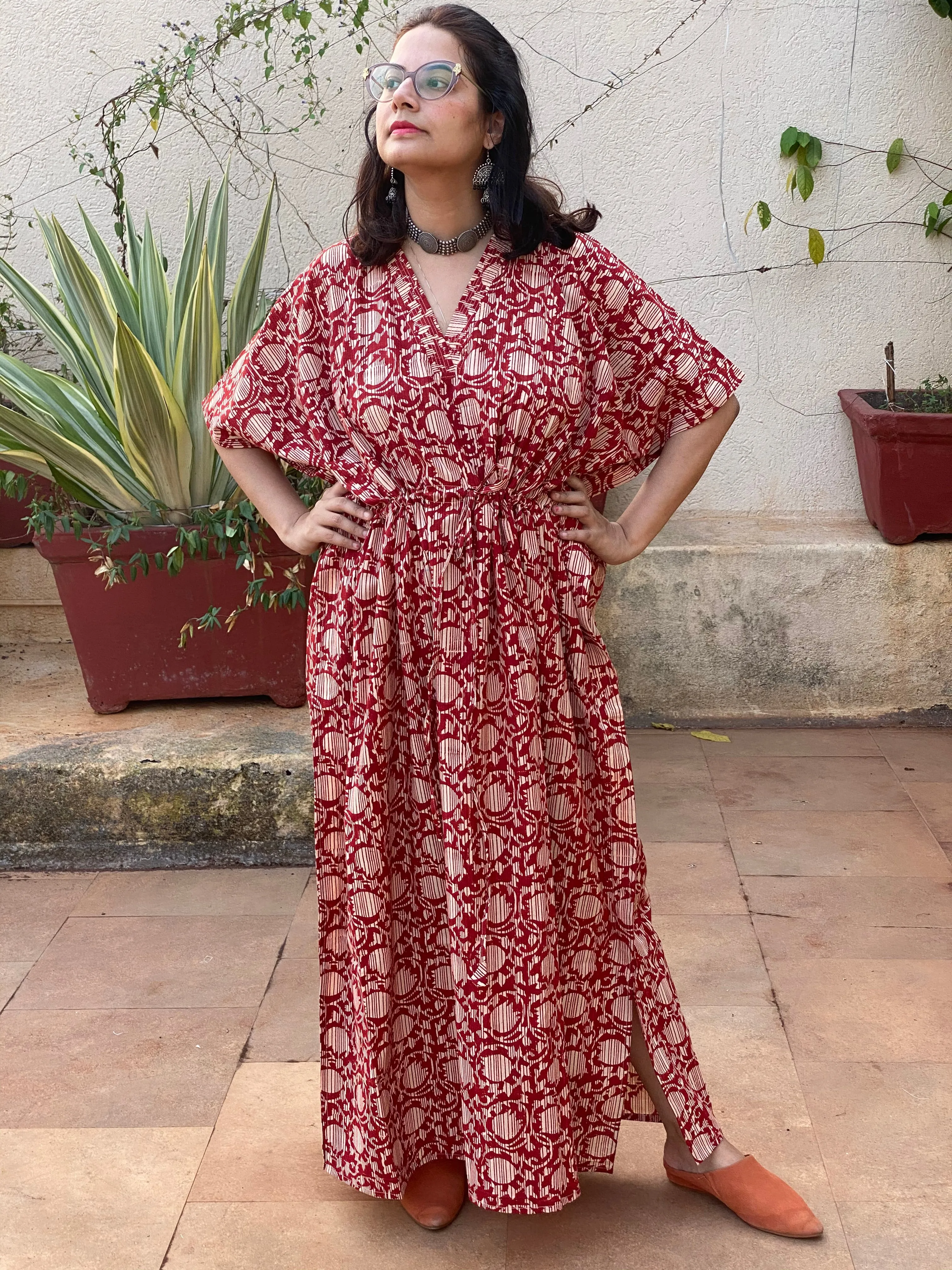 Red Lotus Motif Hand Block Printed Caftan with V-Neck, Cinched Waist and Available in both Knee and Ankle Length
