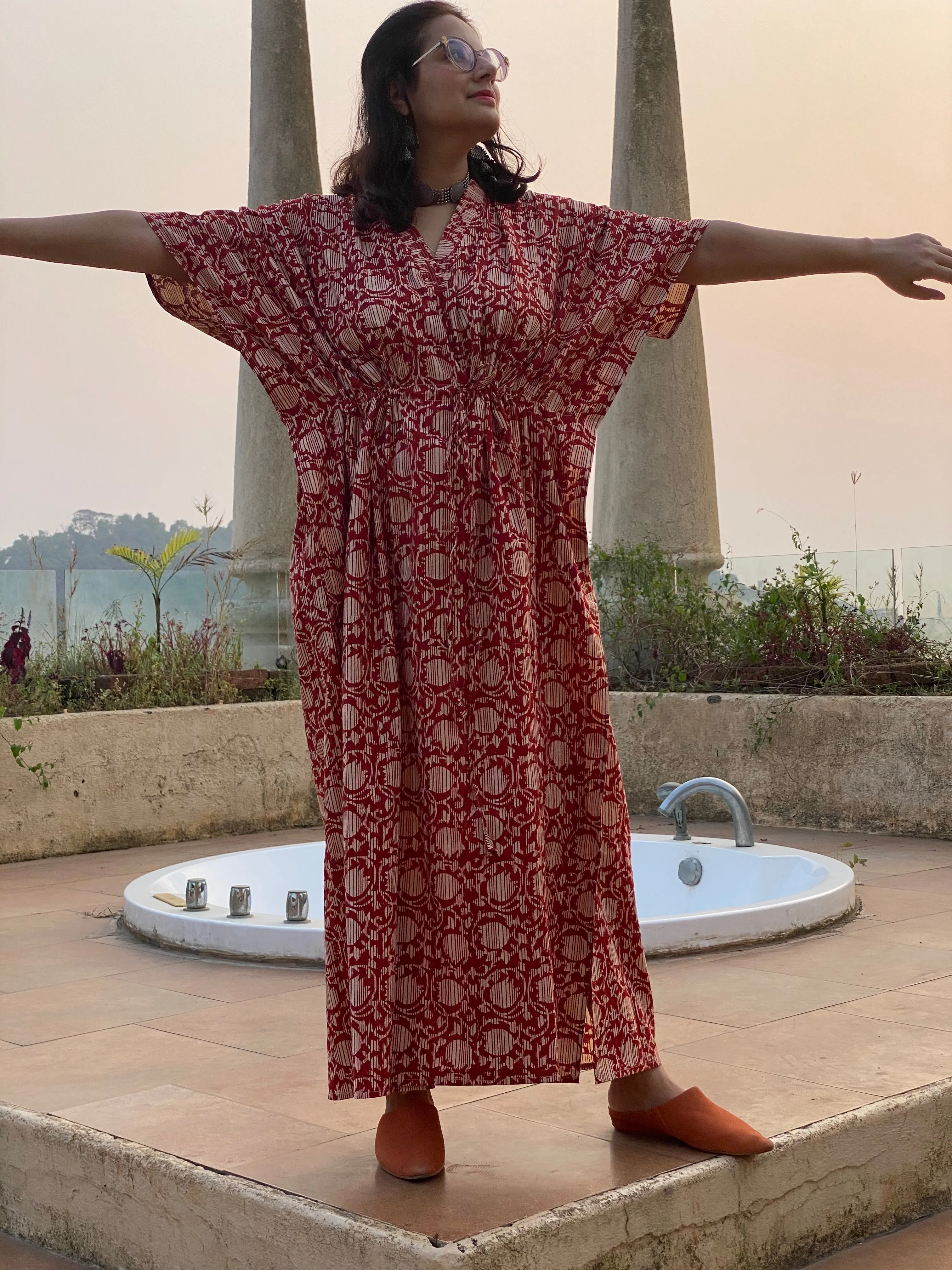 Red Lotus Motif Hand Block Printed Caftan with V-Neck, Cinched Waist and Available in both Knee and Ankle Length