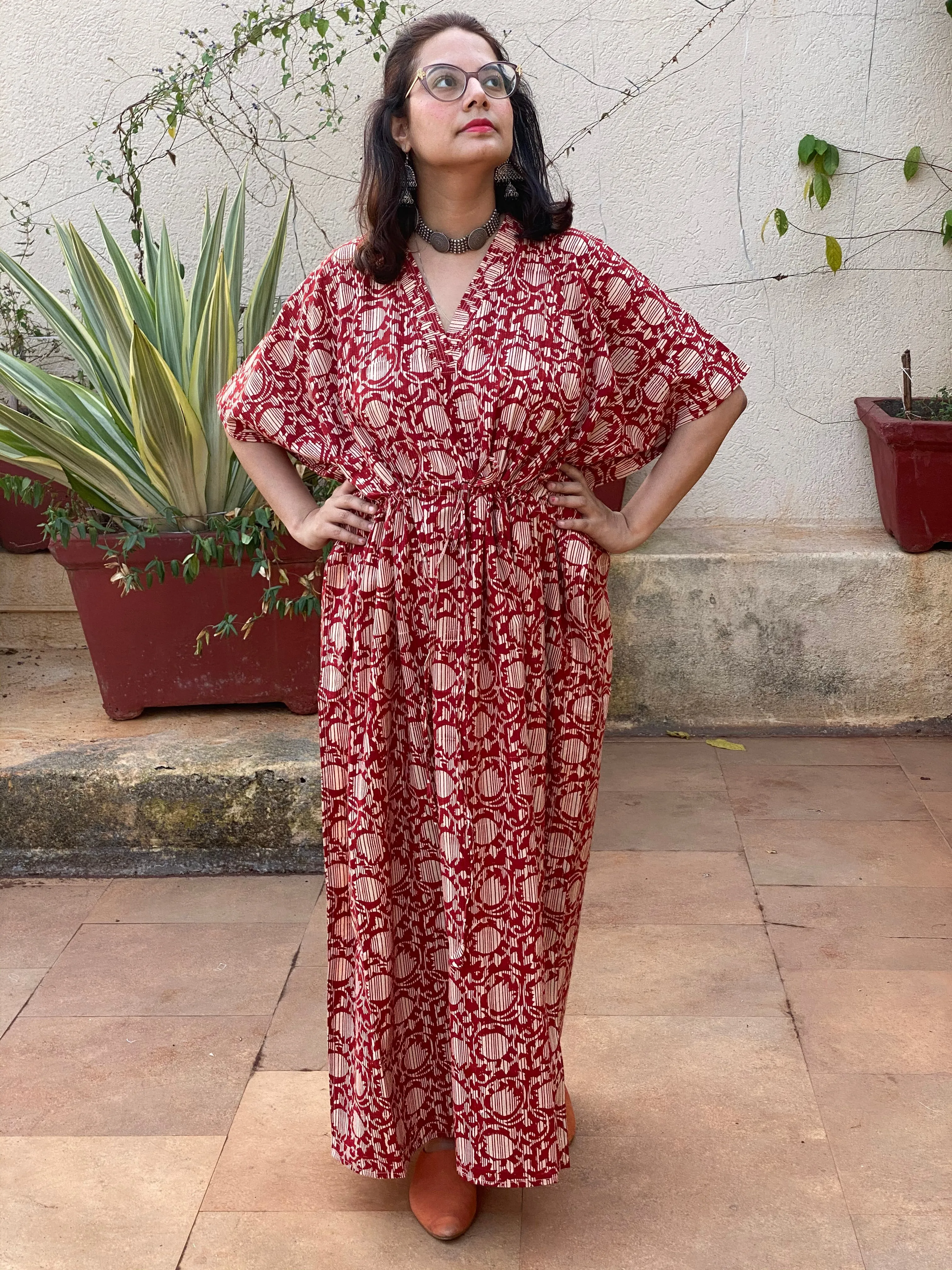 Red Lotus Motif Hand Block Printed Caftan with V-Neck, Cinched Waist and Available in both Knee and Ankle Length