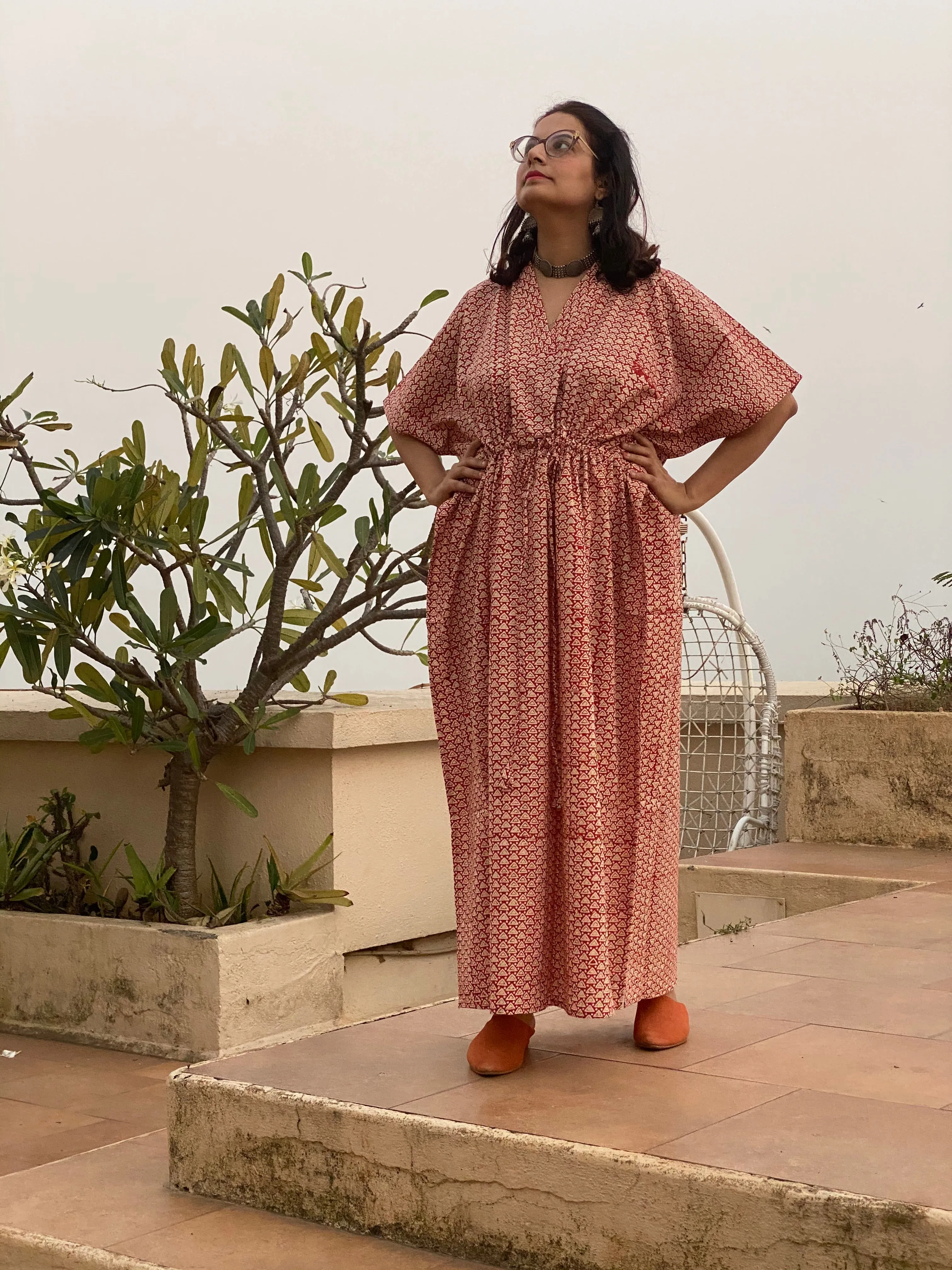 Red Triangle Motif Bordered Hand Block Printed Caftan with V-Neck, Cinched Waist and Available in both Knee and Ankle Length