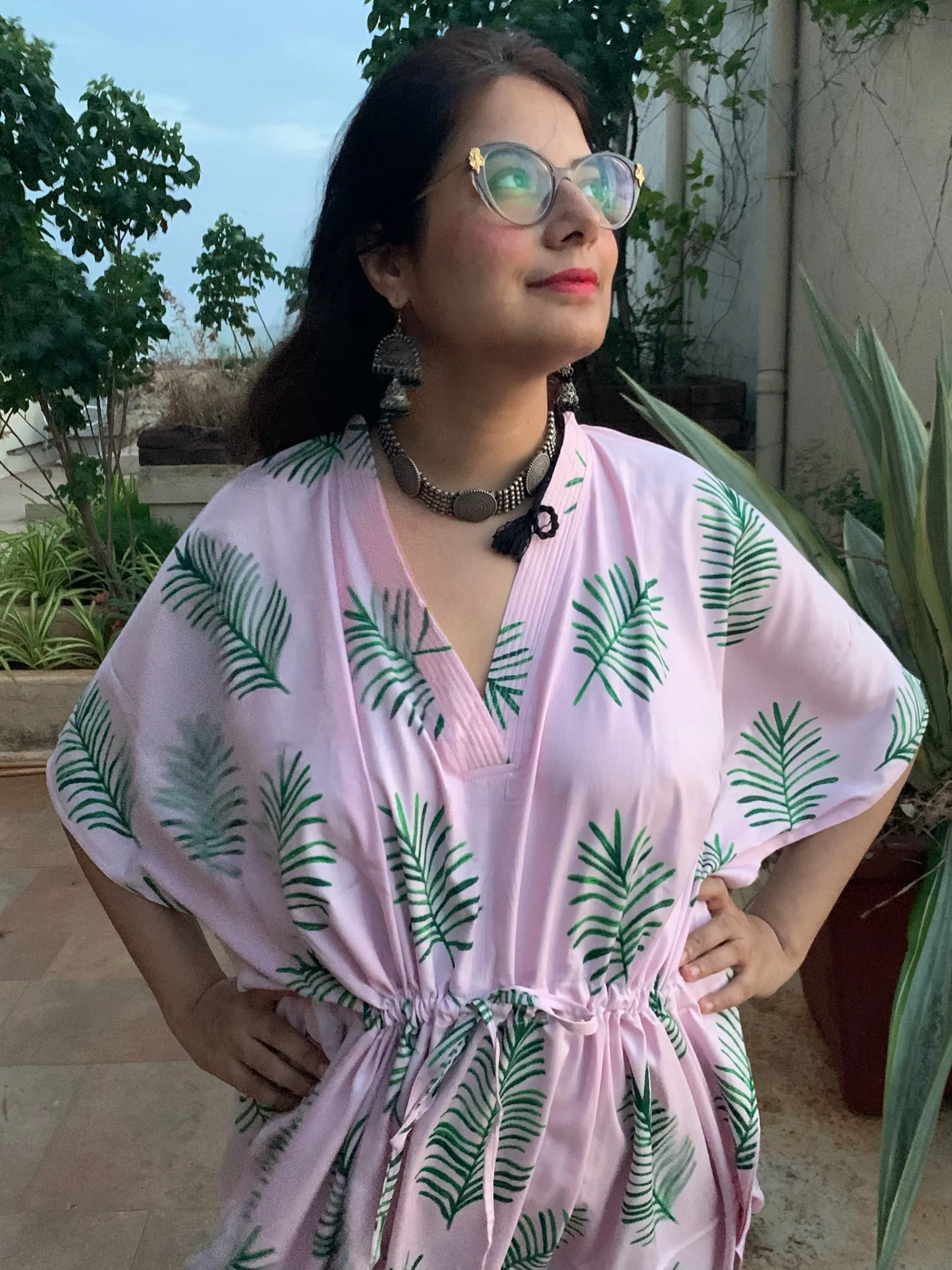 Tropical Delight V-Neck, Cinched Waist Ankle Length Kaftan
