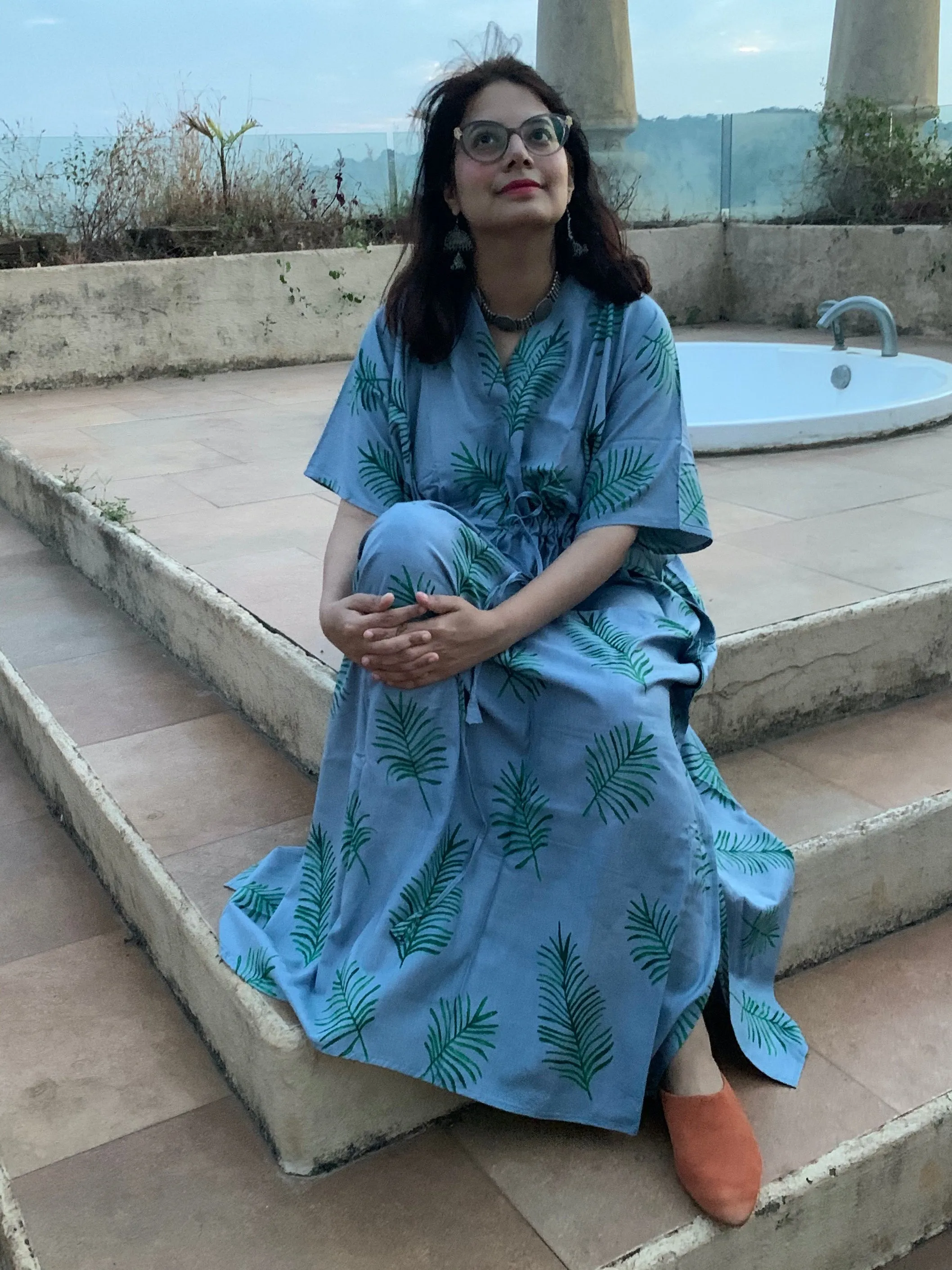 Tropical Delight V-Neck, Cinched Waist Ankle Length Kaftan