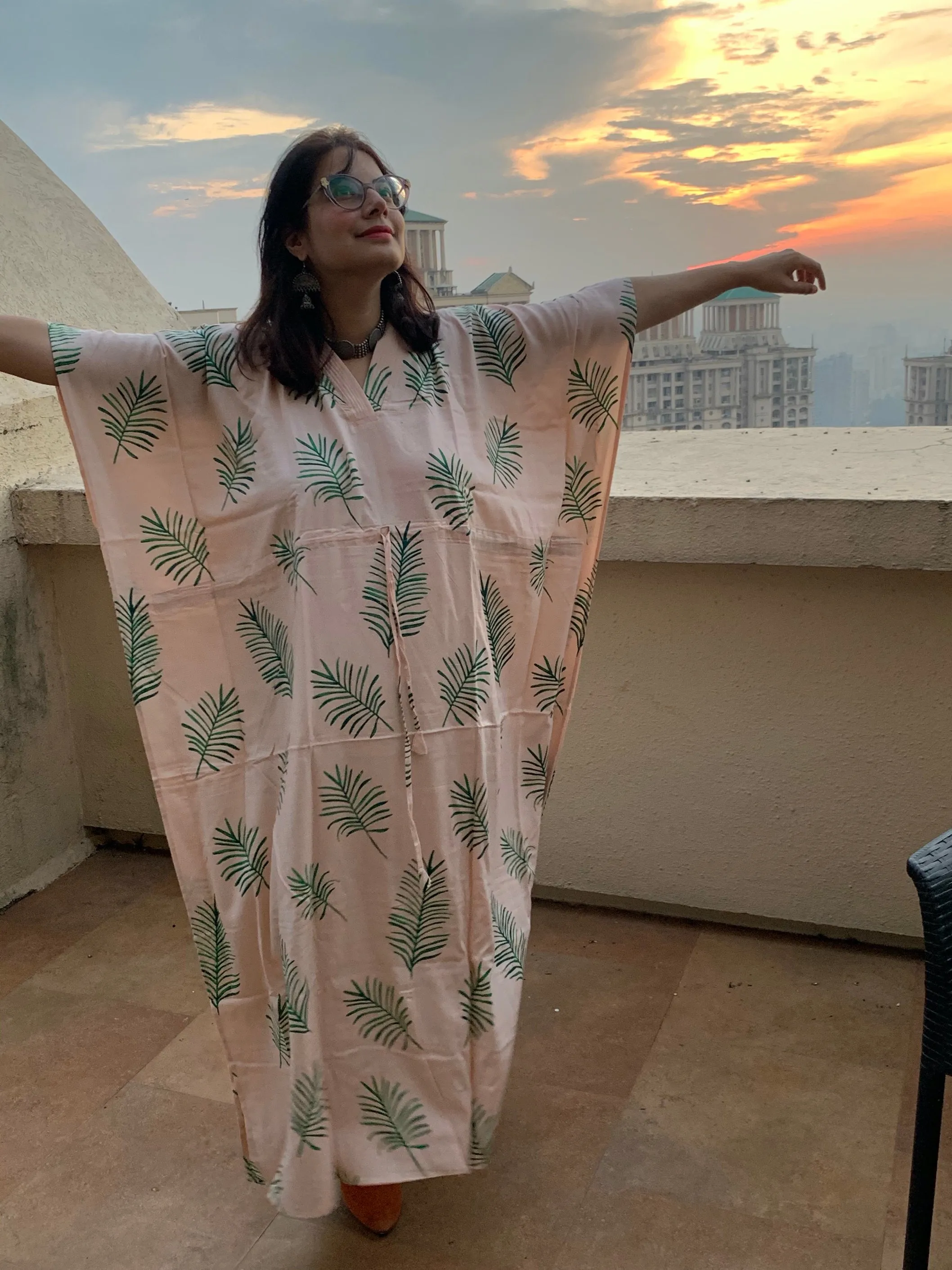 Tropical Delight V-Neck, Cinched Waist Ankle Length Kaftan