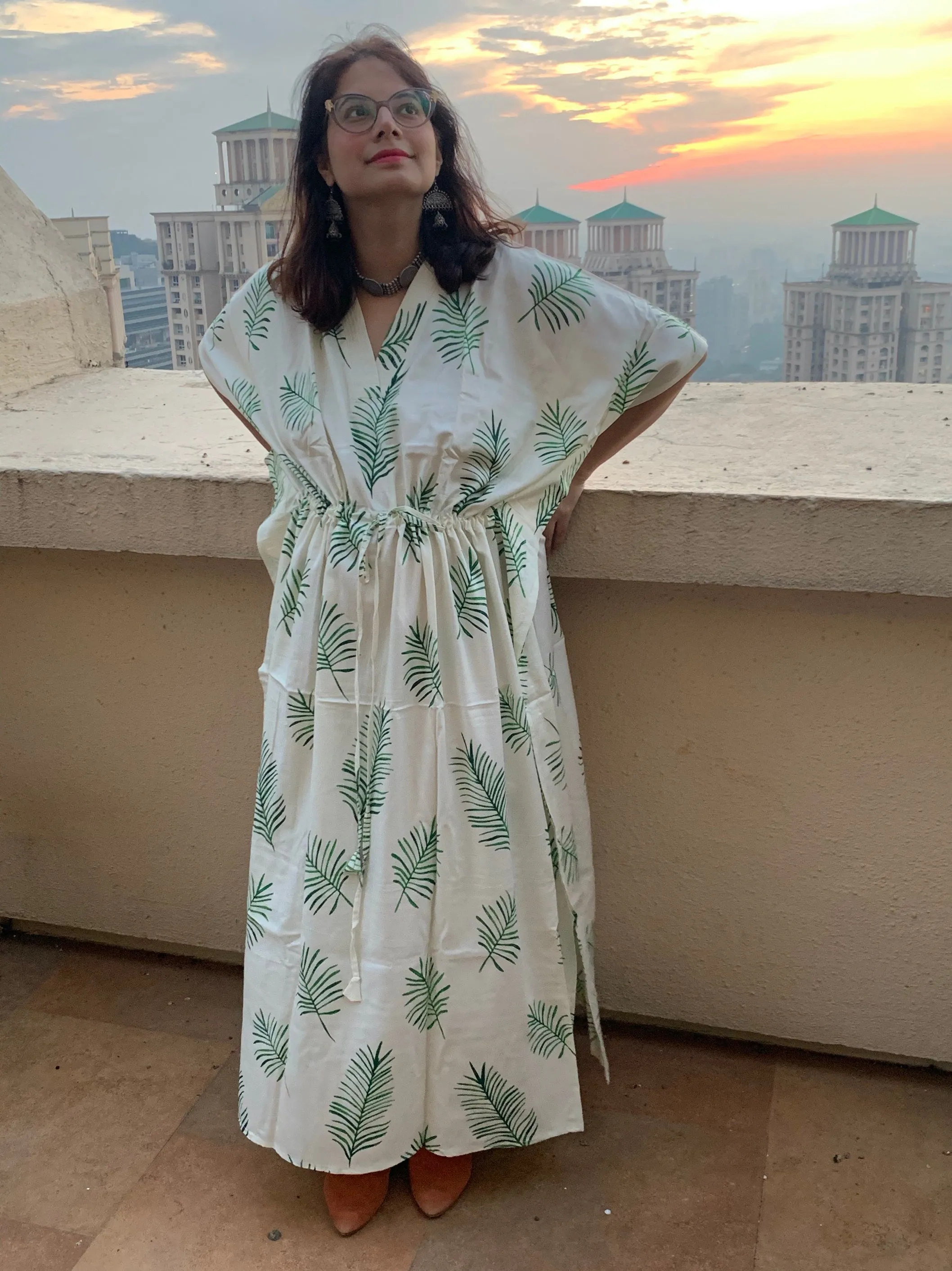 Tropical Delight V-Neck, Cinched Waist Ankle Length Kaftan