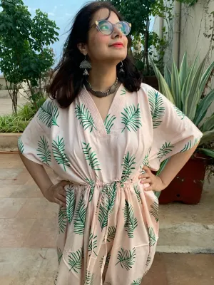 Tropical Delight V-Neck, Cinched Waist Ankle Length Kaftan