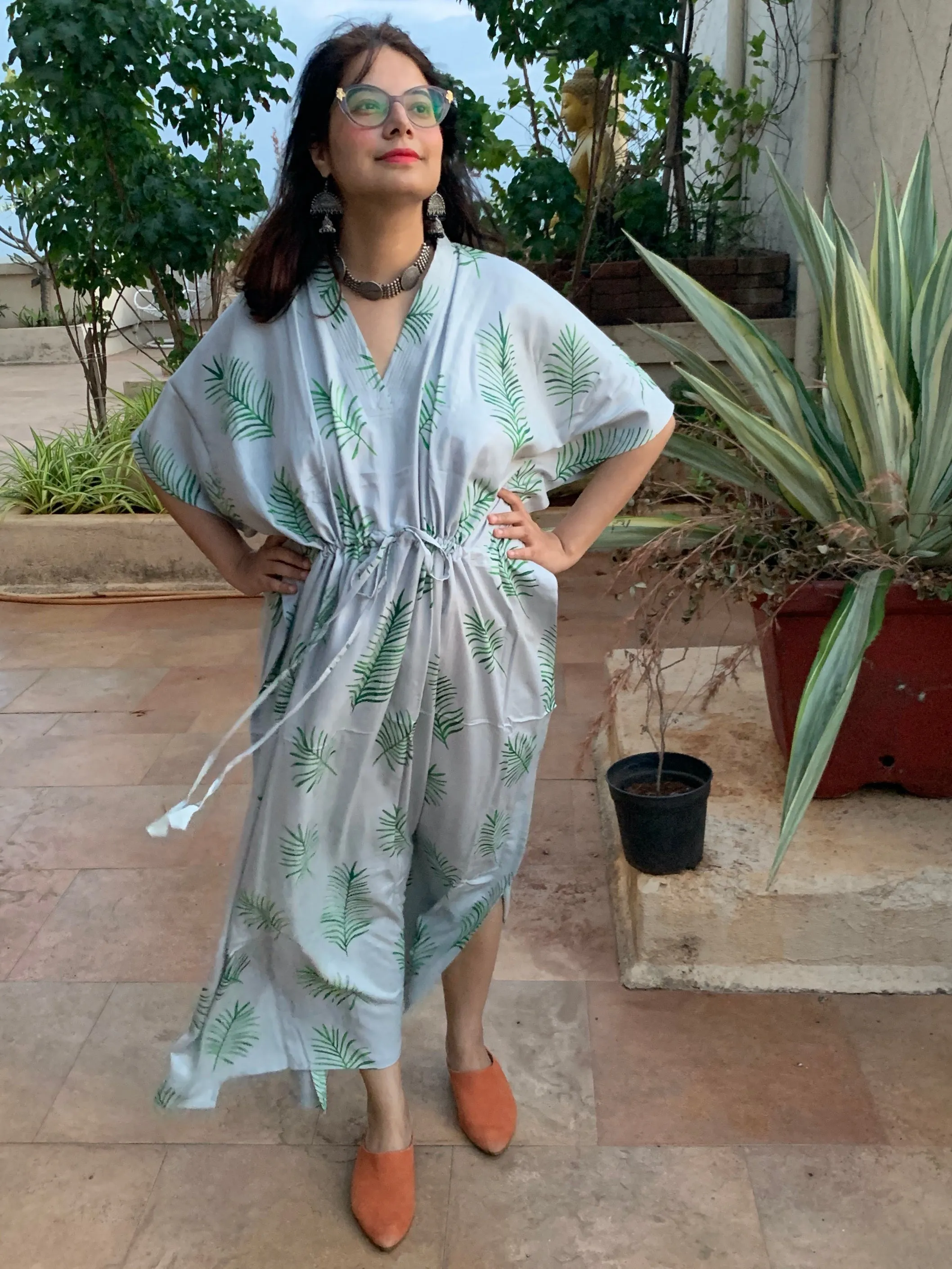 Tropical Delight V-Neck, Cinched Waist Ankle Length Kaftan
