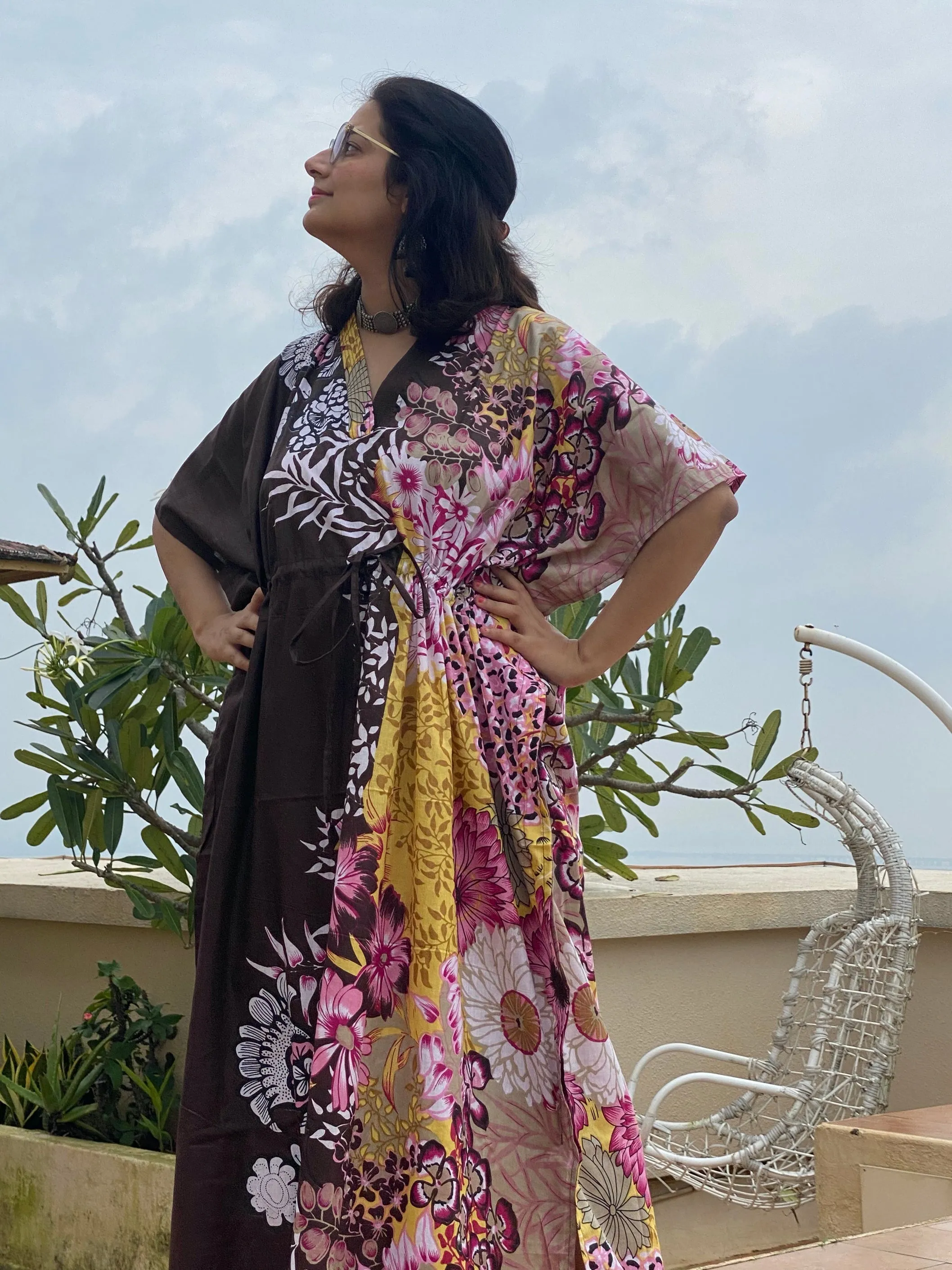 Vibrant Foliage V-Neck, Cinched Waist Ankle Length Caftan
