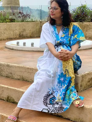 Vibrant Foliage V-Neck, Cinched Waist Ankle Length Caftan