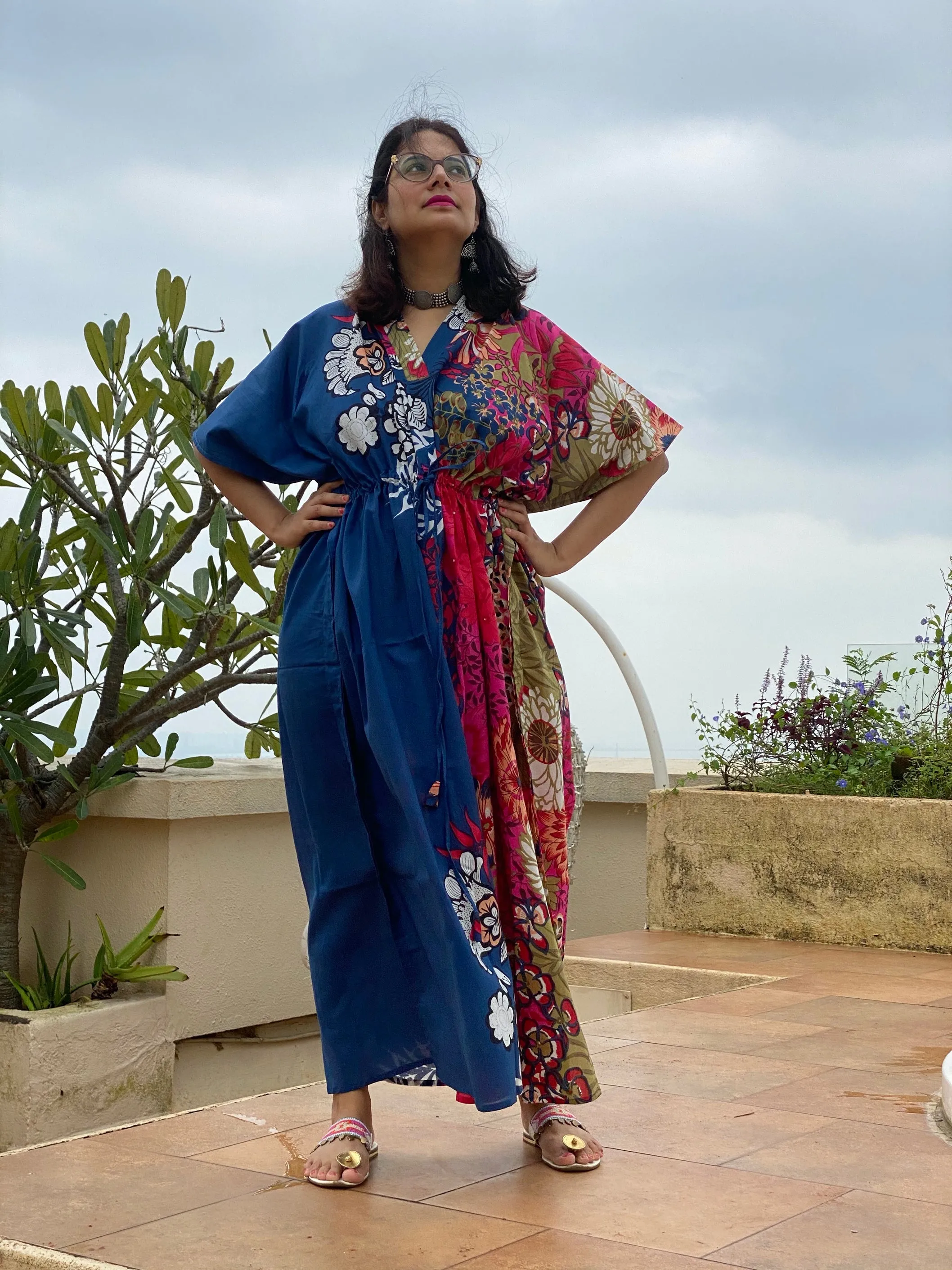 Vibrant Foliage V-Neck, Cinched Waist Ankle Length Caftan