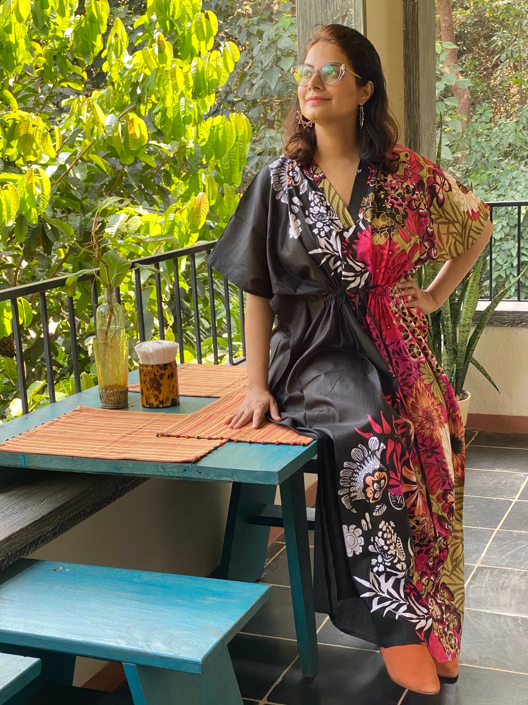 Vibrant Foliage V-Neck, Cinched Waist Ankle Length Caftan