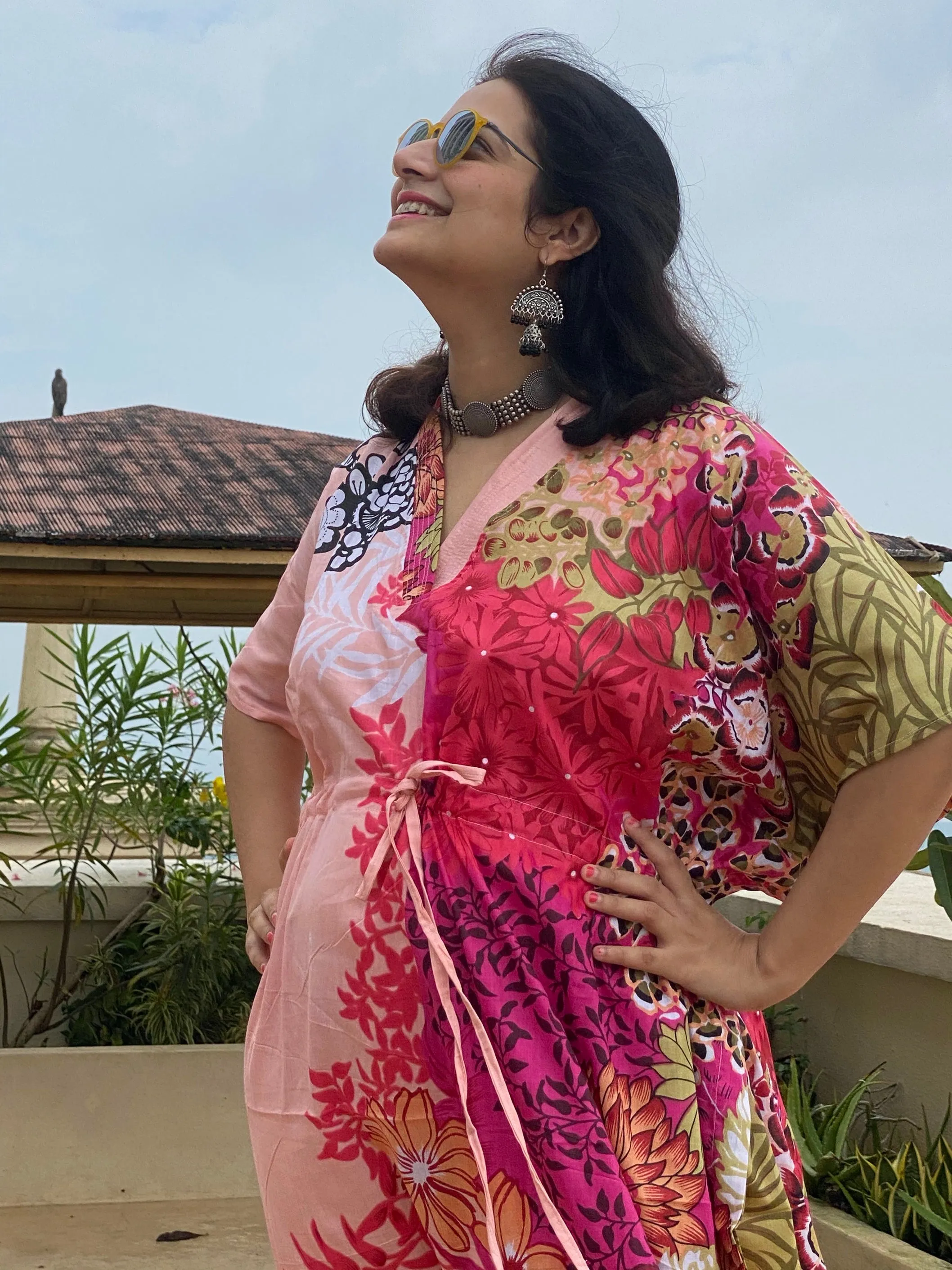 Vibrant Foliage V-Neck, Cinched Waist Ankle Length Caftan