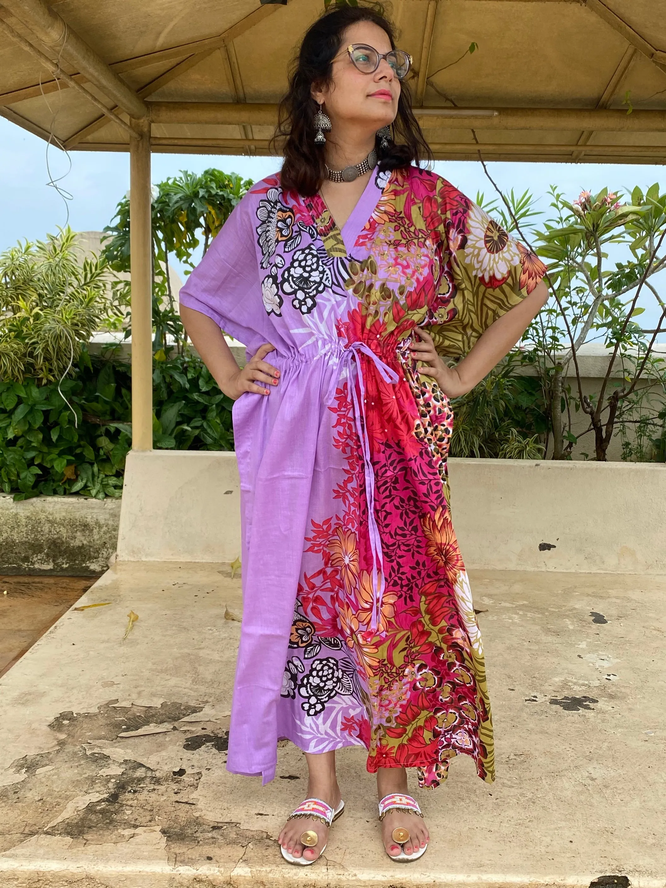 Vibrant Foliage V-Neck, Cinched Waist Ankle Length Caftan