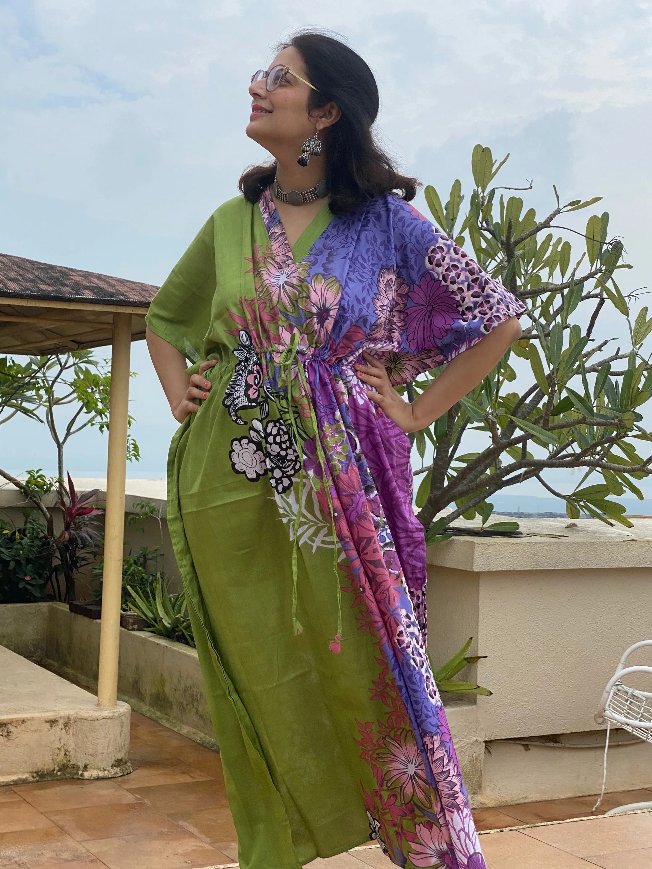 Vibrant Foliage V-Neck, Cinched Waist Ankle Length Caftan