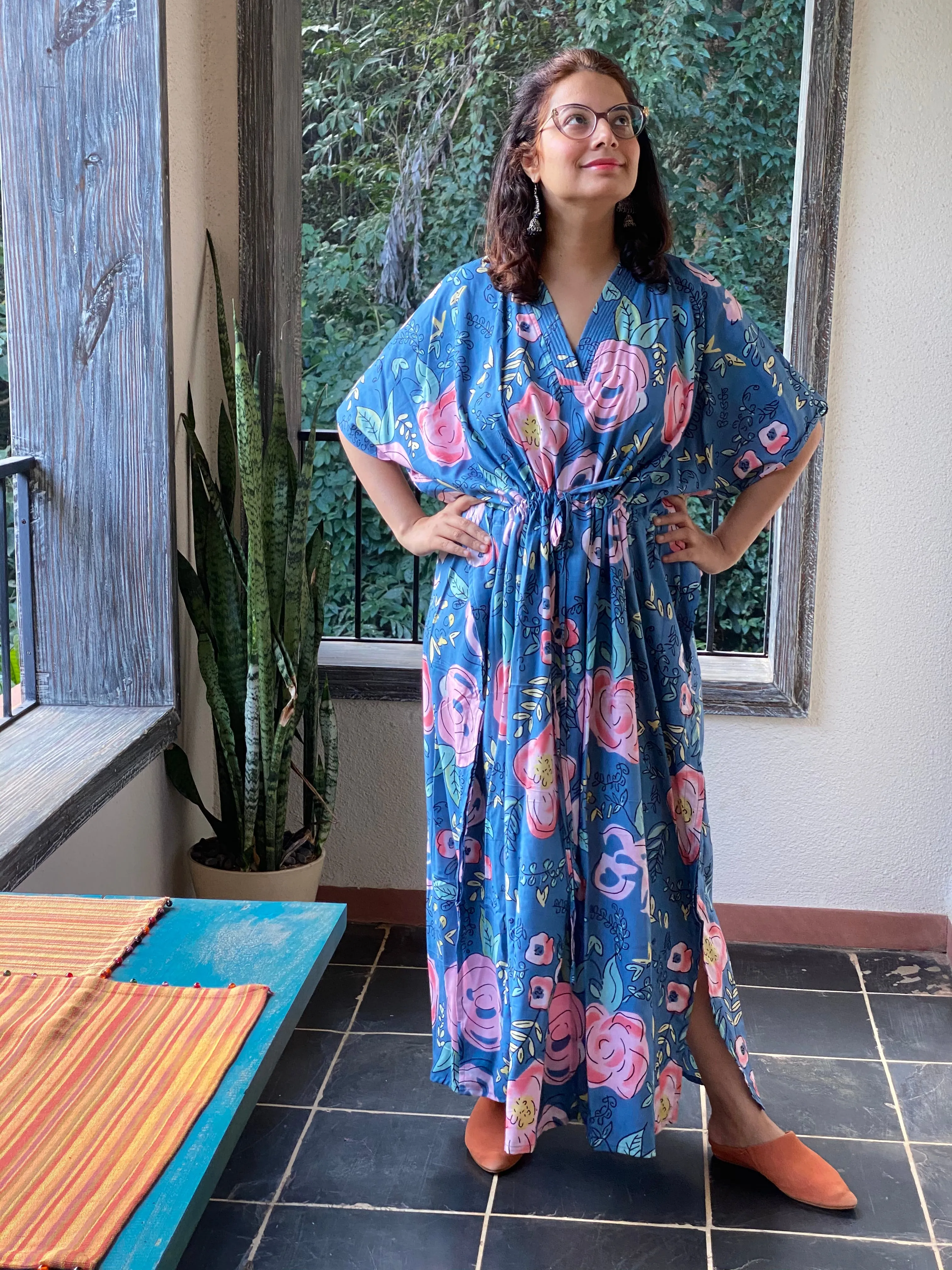 Whimsical Giggles V-Neck, Cinched Waist Ankle Length Caftan