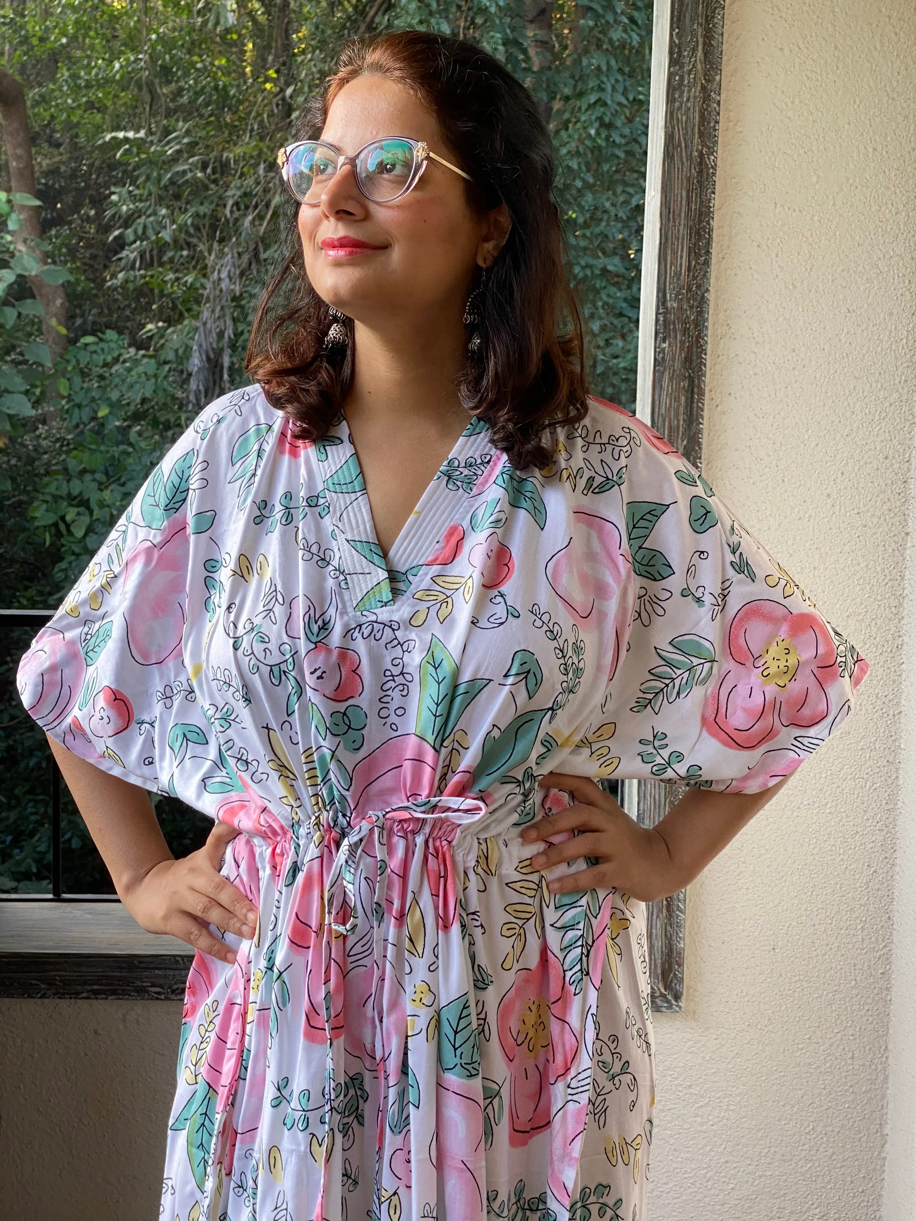 Whimsical Giggles V-Neck, Cinched Waist Ankle Length Caftan