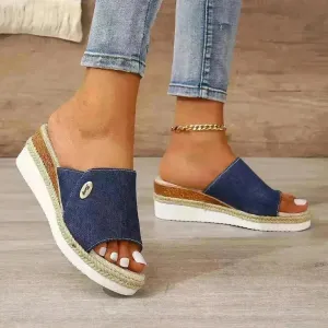 Women Fashionable Denim Canvas Summer Outdoor Hemp High Heel Slippers
