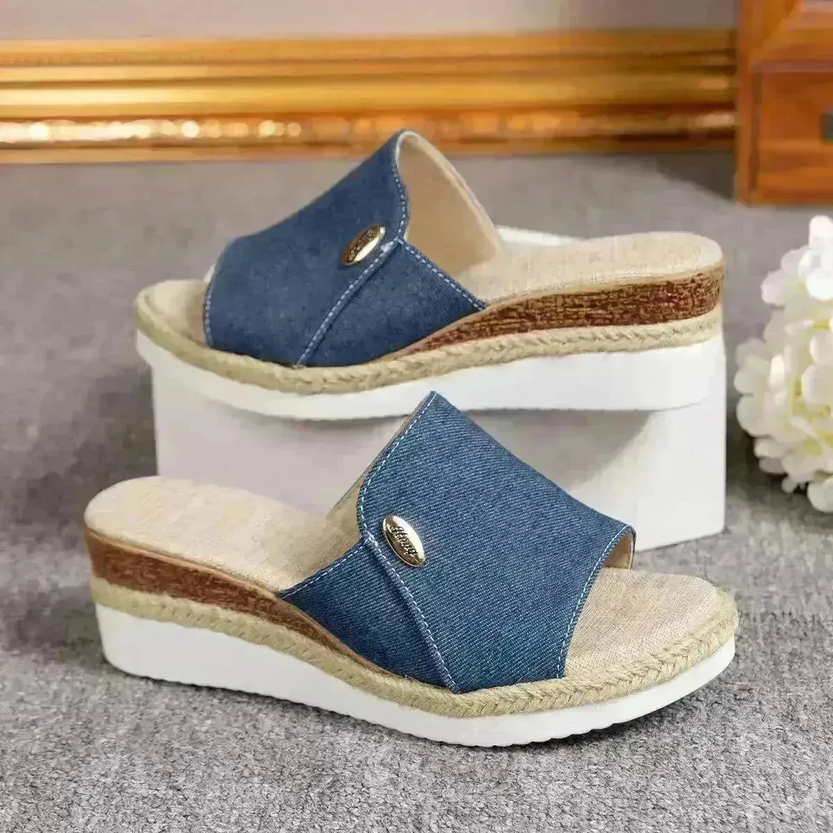 Women Fashionable Denim Canvas Summer Outdoor Hemp High Heel Slippers
