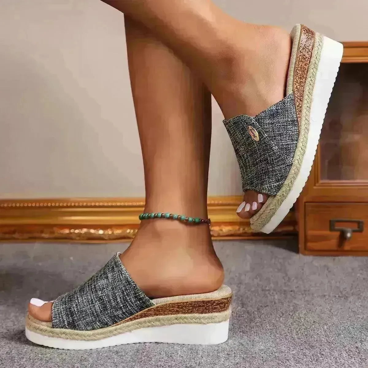 Women Fashionable Denim Canvas Summer Outdoor Hemp High Heel Slippers