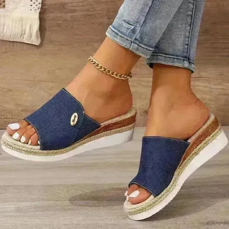 Women Fashionable Denim Canvas Summer Outdoor Hemp High Heel Slippers