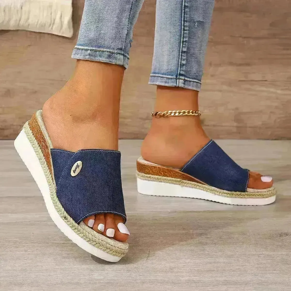 Women Fashionable Denim Canvas Summer Outdoor Hemp High Heel Slippers
