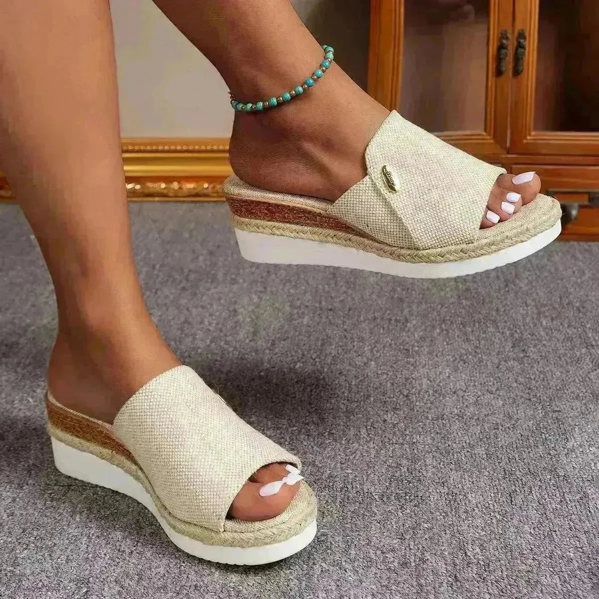Women Fashionable Denim Canvas Summer Outdoor Hemp High Heel Slippers