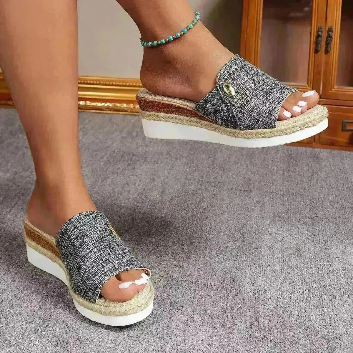 Women Fashionable Denim Canvas Summer Outdoor Hemp High Heel Slippers