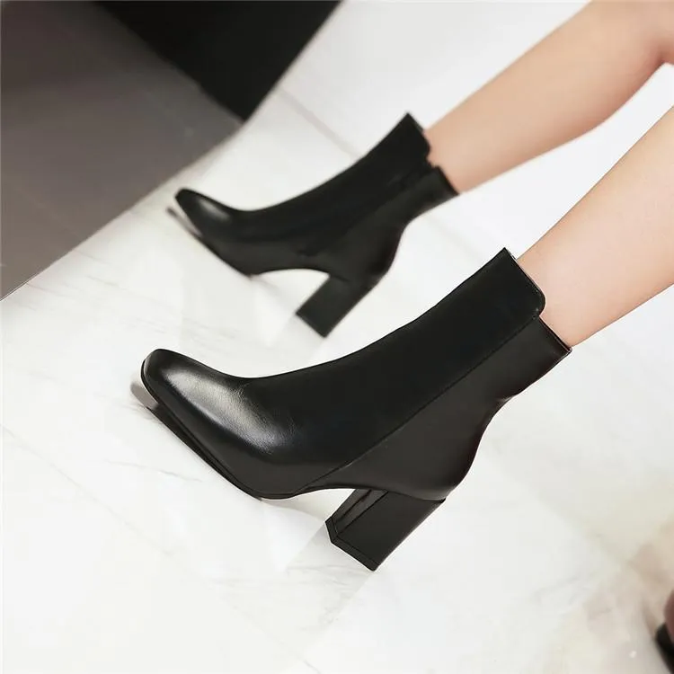Women's chunky block heel zipper booties elegant square toe ankle boots