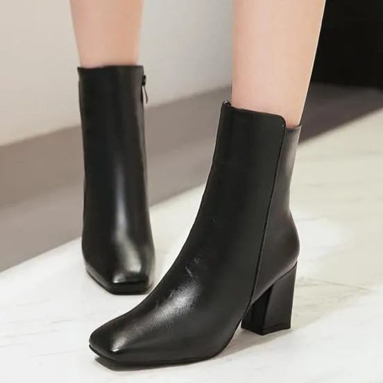 Women's chunky block heel zipper booties elegant square toe ankle boots