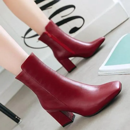 Women's chunky block heel zipper booties elegant square toe ankle boots